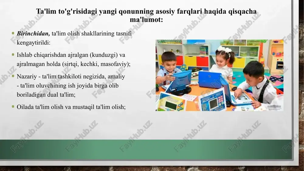 dimnomalar kiritish. taqdimnoma bajarilmagan taqdirda - ta'lim tashkilotining davlat akkreditasiyasi to'g'risidagi sertifikatini bekor qilish kadrlar tayyorlashning milliy modeli shaxs davlat va jamiyat uzluksiz ta'lim uzluksiz ta'limni tashkil etish va rivojlantirish printsiplari uzluksiz ta'limni isloh qilish yo'nalishlari 6. uzluksiz ta'lim tizimi va turlari. maktabgacha ta'lim. umumiy o'rta ta'lim. o'rta maxsus, kasb-hunar ta'limi oliy ta'lim oliy o'quv yurtidan keyingi ta’lim kadrlar malakasini oshirish va ularni qayta tayyorlash maktabdan tashqari ta’lim kadrlar tayyorlash tizimida fan kadrlar tayyorlash tizimida ishlab chiqarish kadrlar tayyorlashning milliy modeli shaxs kadrlar tayyorlash tizimining bosh sub'ekti va ob'ekti, ta'lim sohasidagi hizmatlarning iste'molchisi va ularni amalga oshiruvchi davlat va jamiyat ta'lim va kadrlar tayyorlash tizimining faoliyatini tartibga solish va nazorat qilishni amalga oshiruvchi kadrlar tayyorlash va ularni qabul qilib olishni kafillari uzluksiz ta’lim malakali raqobatbardosh kadrlar tayyorlashning asosi bo'lib, ta'limning barcha turlarini, davlat va ta'lim standartlarini kadrlar tayyorlash tizimi tuzilmasi va uning faoliyat ko'rsatish muhitini o'z ichiga oladi fan yuqori …