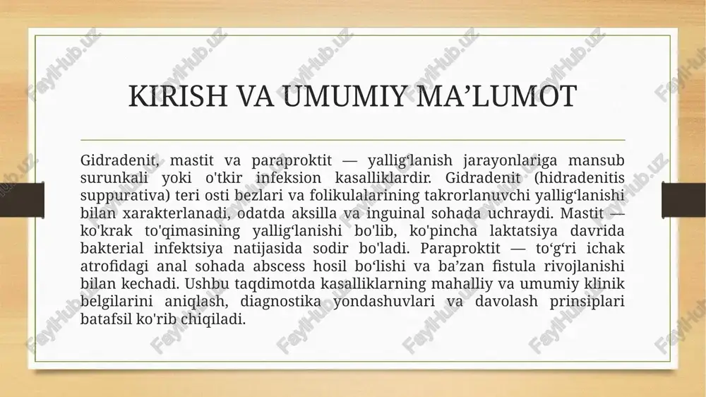 unksional cheklanish saqlanib qoladi. obyektiv aniqlash — inspektsiya va palpatsiya obyektiv tekshiruv sezgirlik, ogʻriq joylashuvi va o'lchamiga e'tibor qaratadi. inspektsiyada teri rangi, shish, fistula teshiklari va yalligʻlanish belgilari aniqlanadi. palpatsiyada fluctuatsiya mavjudligi abscessni tasdiqlashda muhim; sirt va chuqur strukturalar orasidagi aloqani baholash lozim. ko'krak tekshiruvida tekislik, areola va papillarning holati, sut chiqishi va issiqlik sezilishi yozib olinadi. paraproktitda perianal hududni son bilan tekshirish, rektal tekshiruv orqali ichki massiv yoki ogʻriqlilikni aniqlash shart. limfa tugunlari, qon tomirlari va atrof to'qimalarning holati ham baholanadi. laborator va instrumental diagnostika laborator tekshiruvlarga qon umumiy analizi, c-reaktiv oqsil, biokimyo va kerak bo'lsa qon madaniyati kiradi. mikrobiologik analiz yiringdan namunalar olib aniqlangan antibiotiklarga sezuvchanlikni aniqlash uchun zarur. instrumental metodlar orasida ultratovush (ko'krak va perianal abscesslarni aniqlashda samarali), kompyuter tomografiya yoki mri (chuqur yoki murakkab abssesslarni ko'rsatishda), fistulografiya va endoanal ultratovush kiradi. mastitda ultratovush gigrom yoki abscessni ajratishda yordam beradi; shuningdek shifokor jarrohlik muolajasi rejasini tuzishda tasviriy …