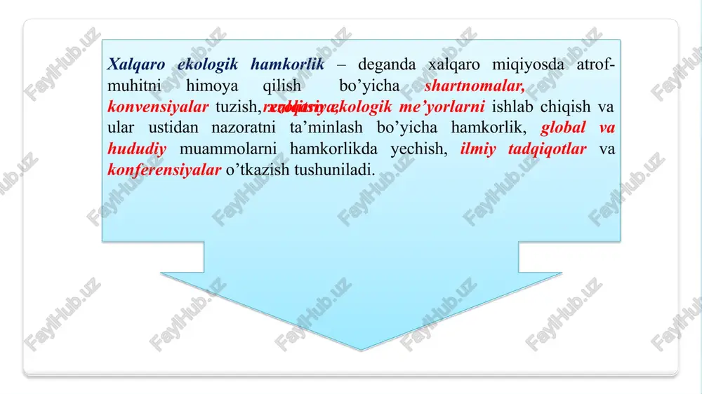 sh jamiyati, oie) - bu dunyoning 150 dan ortiq mamlakatlarida faoliyat yuritadigan va 900 dan ortiq tashkilotlarni birlashtirgan xalqaro notijorat hayvonlarni himoya qilish tashkiloti. butunjahon tabiatni muhofaza qilish jamg'armasi, 1986 yilgacha - butunjahon yovvoyi tabiat fondi (wwf) - tabiatni muhofaza qilish, tadqiqotlar va tabiiy muhitni tiklash bilan shug'ullanadigan xalqaro nodavlat tashkilot. tashkilotning rasmiy nomi butunjahon yovvoyi tabiat jamg'armasidan butunjahon tabiat jamg'armasiga o'zgartirildi, ammo ko'pgina mamlakatlarda bu nom rasmiy bo'lib qolmoqda. 9 xalqaro ekologik tashkilotlar (ingliz greenpeace, "yashil dunyo" deb tarjima qilinadi) - xalqaro ekologik tashkilot bo'lib, 1971 yilda kanadada tashkil etilgan. tashkilotning asosiy vazifasi ekologik tiklanishni rivojlantirish va odamlar va hokimiyat e'tiborini tabiatni muhofaza qilishga jalb qilishdir. evropa atrof-muhit agentligi (eea) - bu atrof-muhit holati to'g'risida mustaqil ma'lumot beradigan evropa ittifoqining agentligi, shuningdek, evropa atrof-muhit agentligi (ead), evropaning atrof-muhit bo'yicha agentligi (kopengagenda joylashgan). daniya). 10 ekologik hamkorlikni ijobiy tomonlari o'zbekiston respublikasi 1985 yilgi ozon qatlamini himoya qilish (vena) konvensiyasi, 1987 …