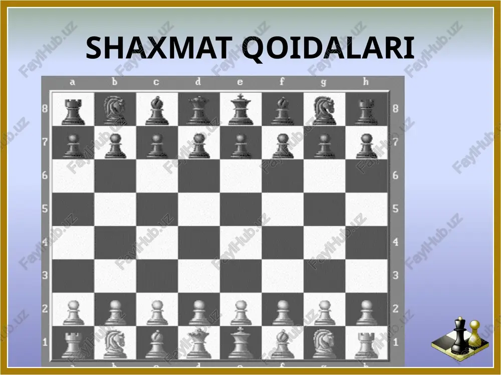 erardi. unda, avvalo, g‘oliblik ruhi ustun edi. endilikda u xashaki sportchi emas, professional shohmotchi edi. 1979 yildayoq kasparov grossmeysterlik talablarini bajarib, jahon rekordini o‘rnatdi. u birinchi o‘n o‘yinda 8 marotaba g‘alaba qozondi. mutaxassislarning ta’kidlashlaricha, bu ko‘rsatkich amaldagi chempiondan ham a’loroq natija edi. 1980 yil g.kasparov yodiga zarhal harflar bilan bitilgan bo‘lsa, ajab emas. o‘sha yili u sobiq ittifoq termasida yevropa chempionati o‘yinlarida (skara shahri) 5 marotaba qozongan muvaffaqiyati evaziga oltin medalni qo‘lga kiritdi. ikkinchi oltin medal butundunyo maktab bitiruvchilari turnirida egallandi. uchinchi oltin medalga 20 yoshlilar o‘rtasida bo‘lib o‘tgan jahon chempionatida erishildi. to‘rtinchi oltin medal esa sobiq sssr tarkibida butun dunyo olimpiadasida nasib etdi. image1.jpeg image2.png image3.jpeg image4.jpeg image5.jpeg image6.jpeg image7.jpeg image8.png image9.jpeg image10.jpeg image11.jpeg image12.jpeg image13.jpeg image14.jpeg image15.jpeg image16.jpeg image17.jpeg image18.jpeg image19.jpeg eoptecece eee eocooexiece eee e ee e e e e e oe ee ol /docprops/thumbnail.jpeg shaxmat o'yinining kelib chigish tarixi va rivojlanish boshgichlari.