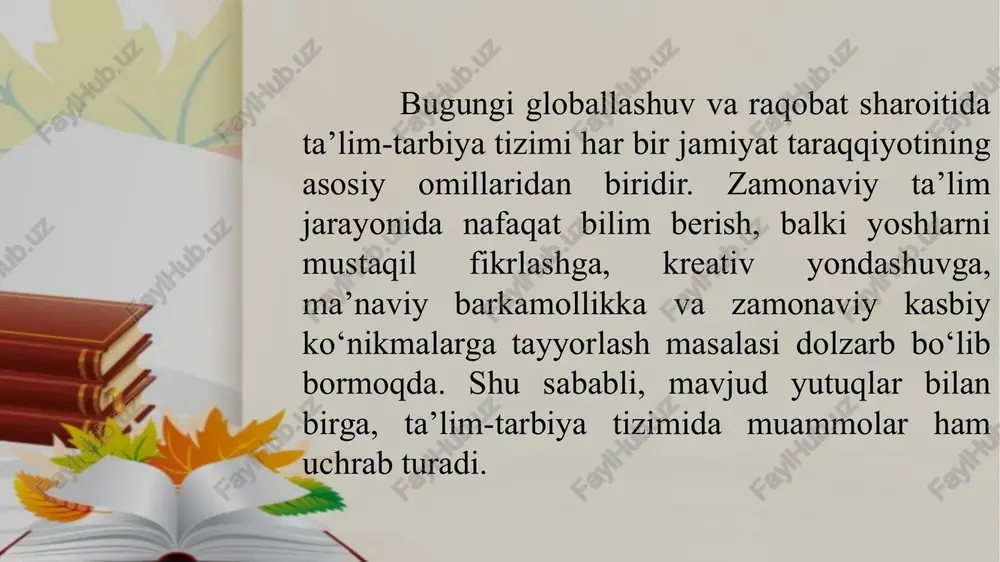 ma’naviy va axloqiy jihatdan shakllantirishni ham o‘z zimmasiga oladi. shunga qaramay, ko‘plab hollarda asosiy e’tibor faqat bilim va texnik ko‘nikmalarga qaratilib, tarbiya masalalari ikkinchi o‘ringa tushib qolmoqda. bu esa kelajak avlodning dunyoqarashi va jamiyatdagi xulq-atvoriga salbiy ta’sir ko‘rsatishi mumkin. pedagoglarning yuklamasi ortib borishi va tarbiyaviy ishlar uchun vaqt yetishmasligi. ota-onalarning ish bilan bandligi sababli farzand tarbiyasiga yetarli vaqt ajratmasligi. internet va ijtimoiy tarmoqlarning tarbiyaviy jarayonlarga salbiy ta’siri. tarbiya masalalarining chetda qolish sabablari tarbiya e’tibordan chetda qolishining oqibatlari yoshlarning ma’naviy bo‘shlig‘i va axloqiy qadriyatlarning susayishi; o‘quvchilarda intizomning pasayishi va mas’uliyatsizlik; jamiyatda ijtimoiy muammolar va nizolar kuchayishi; shaxsning psixologik beqarorligi va maqsadsizligi. image1.png image2.jpg image3.png image4.png image5.png image6.png image7.jpg image8.png image9.png image10.png image11.png image12.png image13.jpg image14.jpg image15.jpg image16.png image17.png image18.png image19.jpg an'anaviy ta'lim asrlar davomida shakllangan an'anaviy ta'lim usullari ko'pincha bilimlarni faqat berishga qaratilgan bo'lib, o'quvchining ijodkorligi va mustaqil fikrlashini cheklashi mumkin. bu usullarzamonaviy davr talablariga to'liq javob bera olmayapti. wpy toraly …