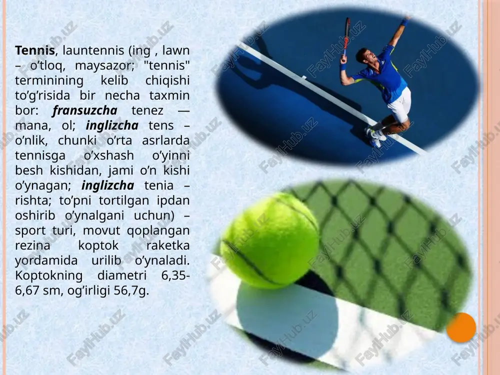 a tennisga o’xshash o’yinlar qadimdan o’ynalgan. xususan, "bir tayoq" xalq o’yinida tennisga xos jihatlar mavjud. zamonaviy tennis o’zbek-istonga 20-asrning boshlarida kirib keldi. mamlakat miqyosidagi musobaqalarda v. pushkarev, sh. chebatarev, s. obidov, r. yalalova kabi tennischilar muvaffaqiyatli qatnashib, sport ustasi talabini bajarishdi. respublikamizda tennis 20-asrning so’ngga o’n yilligidan boshlab keskin rivojlandi. mustaqillikka erishgan o’zbekistonning deyarli hamma shaharlarida zamonaviy tennis kortlari bunyod etildi. toshkent, farg’ona, samarkand, namangan, andijon shahrlaridagi bu sport inshootlarida tennischilar va tennis muxlislari uchun barcha qulayliklar yaratilgan. 1992 yilda o’zbekiston federatsiyasi tuzildi va o’sha yili itg’ aʼzoligiga qabul qilindi. 1994 yildan o’zbekiston devis kubogi musobaqalariga kushildi, tennischilarimiz osiyo o’yinlari, qitʼa chempionatlari, olimpiada va boshqa xalqaro musobaqalarda ishtirok eta boshladilar. toshkentda professional tennischilar o’rtasida "prezident kubogi" xalqaro musobaqasining o’tkazilishi (1994 yildan) o’zbekistonda bu sport turining yuksalish davrini boshlab berdi. image3.jpeg image4.jpeg image5.jpeg image6.jpeg image7.jpeg image8.jpeg image9.jpeg image10.jpeg image11.jpeg image12.jpeg image13.jpeg image14.jpeg image15.jpeg image16.jpeg image17.jpeg image18.jpeg image19.jpeg image20.jpeg image21.jpeg image2.jpeg trt …