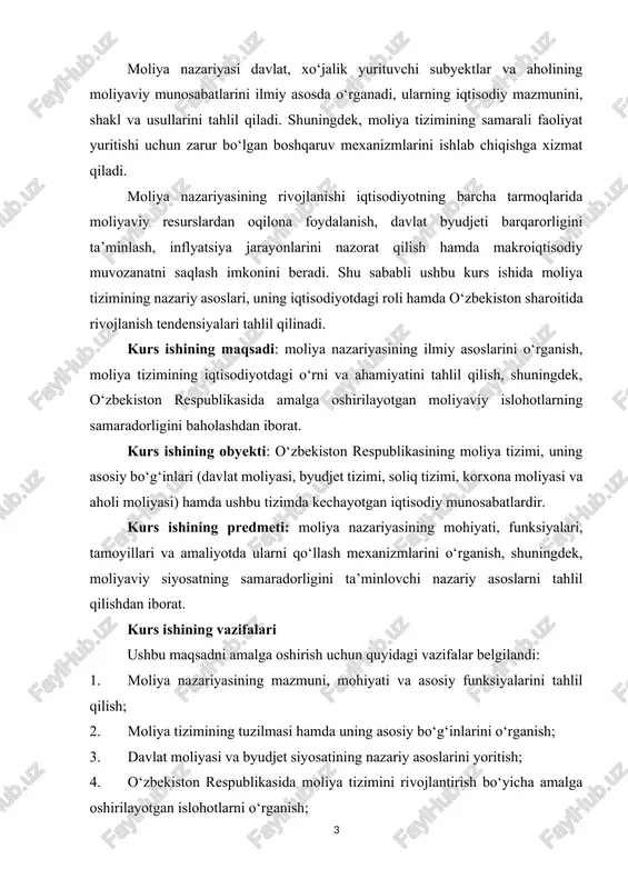 nksiyalari, tamoyillari va amaliyotda ularni qo‘llash mexanizmlarini o‘rganish, shuningdek, moliyaviy siyosatning samaradorligini ta’minlovchi nazariy asoslarni tahlil qilishdan iborat. kurs ishining vazifalari ushbu maqsadni amalga oshirish uchun quyidagi vazifalar belgilandi: 1. moliya nazariyasining mazmuni, mohiyati va asosiy funksiyalarini tahlil qilish; 2. moliya tizimining tuzilmasi hamda uning asosiy bo‘g‘inlarini o‘rganish; 3. davlat moliyasi va byudjet siyosatining nazariy asoslarini yoritish; 4. o‘zbekiston respublikasida moliya tizimini rivojlantirish bo‘yicha amalga oshirilayotgan islohotlarni o‘rganish; 5. bozor iqtisodiyoti sharoitida moliyaviy boshqaruvning zamonaviy usullarini tahlil qilish; i bob. moliya nazariyasining nazariy asoslari 1.1. moliyaning iqtisodiy mohiyati, funksiyalari va tarkibiy tuzilmasi moliyaviy munosabatlarning ilk shakllari insoniyat taraqqiyotining quldorlik jamiyati bosqichida jamiyatning sinflarga bo‘linishi va davlatning vujudga kelishi bilan bog‘liq ravishda paydo bo‘ldi. muayyan hududda boshqaruv organi sifatida davlatning vujudga kelishi uning hokimiyat apparatini moddiy jihatdan ta‘minlash, jamoat tartibini saqlash, mamlakatni himoya qilish, urush harakatlarini olib borish, ijtimoiy ob‘ektlar va yo‘llar qurish kabi vazi-falarni bajarishi uchun ma‘lum darajada pul mablag‘lari …