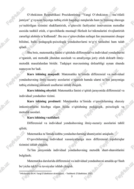 ning obyekti: matematika fanini o‘qitish jarayonida differensial va individual yondashuv tizimi. kurs ishining predmeti: matematika ta’limida o‘quvchilarning shaxsiy imkoniyatlarini hisobga olgan holda o‘qitishning pedagogik, psixologik va metodik asoslari. kurs ishining vazifalari: differensial va individual yondashuvning ilmiy-nazariy asoslarini tahlil qilish; matematika ta’limida ushbu yondashuvlarning ahamiyatini aniqlash; o‘quvchilarning individual xususiyatlariga mos differensial topshiriqlar tizimini ishlab chiqish; ta’lim jarayonida individual yondashuvning metodik shart-sharoitlarini belgilash; matematika darslarida differensial va individual yondashuvni amalda qo‘llash bo‘yicha taklif va tavsiyalar ishlab chiqish. i bob. matematika ta’limida differensial va individual yondashuvning nazariy asoslari 1.1. differensial va individual yondashuvning mohiyati va ta’limdagi o‘rni har bir inson o‘ziga xos tafakkurga, qobiliyatga va o‘rganish uslubiga ega. xuddi shu sababli ta’lim jarayonida har bir o‘quvchining ehtiyojlari, bilim darajasi va shaxsiy xususiyatlarini inobatga olish muhim ahamiyat kasb etadi. ayniqsa, chet tilini o‘rganish jarayonida bu yondashuv yanada dolzarb bo‘lib, o‘quvchilarning lingvistik qobiliyatlari, motivatsiyasi va psixologik omillarini hisobga olish ta’lim samaradorligini oshirishga xizmat qiladi. bugungi …