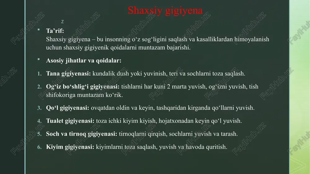 ozalash. shaxsiy himoya vositalaridan foydalanish (masalan, maska, qo‘lqop) zarur hollarda. atrof-muhitni muhofaza qilish:daraxt ekish va havoni toza saqlash orqali umumiy sog‘liqni qo‘llab-quvvatlash. suv havzalari va kanalizatsiya tizimini toza saqlash. z og‘iz bo‘shlig‘i va tish gigiyenasi tishlarni har kuni ikki marta yuvish, tish ipi va og‘iz yuvish vositalaridan foydalanish. meva va sabzavotlarni iste’mol qilish orqali tabiiy tish tozaligini saqlash. qo‘l va tirnoq gigiyenasi: ovqatdan oldin, hojatxonadan keyin va tashqi ishlar bajarilganda qo‘llarni yuvish. tirnoqlarni muntazam qirqish va toza saqlash. z kiyim-kechak va poyabzal gigiyenasi:kiyimlarni muntazam yuvish, ayniqsa ichki kiyim va paypoqlarni har kuni almashtirish. poyabzal ichini va oyoqlarni toza saqlash. uyqu va dam olish gigiyenasi:yetarli uyqu va dam olish tana immunitetini kuchaytiradi, teri va soch sog‘ligini ta’minlaydi. shaxsiy gigiyenaning qo‘shimcha ahamiyati:infeksion kasalliklarning tarqalishini kamaytiradi. shaxsiy o‘ziga bo‘lgan ishonchni oshiradi va ijtimoiy hayotda muvaffaqiyatga yordam beradi. ruhiy salomatlikni qo‘llab-quvvatlaydi. z xulosa xulosa qilganda, shaxsiy va umumiy gigiyena – sog‘lom jamiyat va individual …