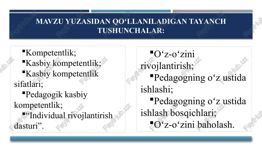 ishlash va ulardan maqsadli, oʻrinli, samarali foydalanish kreativ kompetentlik… pedagogik faoliyatga nisbatan tanqidiy va ijodiy yondoshish, oʻzining ijodkorlik malakalariga egaligini namoyish eta olish; innovasion kompetentlik pedagogik jarayonni takomillashtirish, ta'lim sifatini yaxshilash, tarbiya jarayonining samaradorligini oshirishga doir yangi gʻoyalarni ilgari surish, ularni amaliyotga muvaffaqiyatli tatbiq etish. kommunikativ kompetentlik ta'lim jarayonining barcha ishtirokchilari, jumladan, talabalar bilan samimiy muloqotda boʻlish, ularni tinglay bilish, ularga ijobiy ta'sir koʻrsata olish shaxsiy kompetentlik izchil ravishda kasbiy oʻsishga erishish, malaka darajasini oshirib borish, kasbiy faoliyatda oʻz ichki imkoniyatlarini namoyon qilish texnologik kompetentlik kasbiy-pedagogik bkmni boyitadigan ilgʻor texnologiyalarni oʻzlashtirish, zamonaviy vosita, texnika va texnologiyalardan foydalana olish ekstremal kompetentlik favqulotda vaziyatlar (tabiiy ofatlar, texnologik jarayon ishdan chiqqan)da, pedagogik nizolar yuzaga kelganda oqilona qaror qabul qilish, toʻgʻri harakatlanish malakasiga egalik a.k.markova pedagogning kasbiy kompetentligi quyidagi tarkibiy asoslardan iborat ekanligini qayd etadi tadqiqotchining fikriga koʻra pedagogga xos kasbiy kompetentlik negizida quyidagi tarkibiy asoslar tashkil etadi image1.png image2.png image3.jpeg image4.jpeg image5.jpeg image6.jpeg …