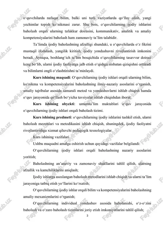 arini tashkil etish, ularni baholash mezonlari va metodikasini ishlab chiqish, shuningdek, ijodiy faoliyatni rivojlantirishga xizmat qiluvchi pedagogik texnologiyalar. kurs ishining vazifalari ushbu maqsadni amalga oshirish uchun quyidagi vazifalar belgilandi: o‘quvchilarning ijodiy ishlari orqali baholashning nazariy asoslarini yoritish; baholashning an’anaviy va zamonaviy shakllarini tahlil qilish, ularning afzallik va kamchiliklarini aniqlash; ijodiy ishlarga asoslangan baholash metodlarini ishlab chiqish va ularni ta’lim jarayoniga tatbiq etish yo‘llarini ko‘rsatish; o‘quvchilarning ijodiy ishlar orqali bilim va kompetensiyalarini baholashning amaliy mexanizmlarini o‘rganish; o‘quvchilarning individual yondashuv asosida baholanishi, o‘z-o‘zini baholash va o‘zaro baholash tizimlarini joriy etish imkoniyatlarini tahlil qilish; ijodiy baholash tizimini takomillashtirish bo‘yicha ilmiy-metodik tavsiyalar ishlab chiqish i bob. o’quvchilarni masalalar yechishga o’rgatishning nazariy asoslari. 1.1. boshlang’ich sinf matematika kursida matnli masalalar turmushda sonlar bilan bog’liq bo’lgan cheksiz ko’p hayotiy vaziyatlar vujudga keladiki, bu sonlar ustida turli arifmetik amallar bajarish talab qilinadi. yechilishi uchun bitta arifmetik amal bajarilishi zarur bo’lgan masala sodda masala deyiladi. bular quyidagilardir: 1. …