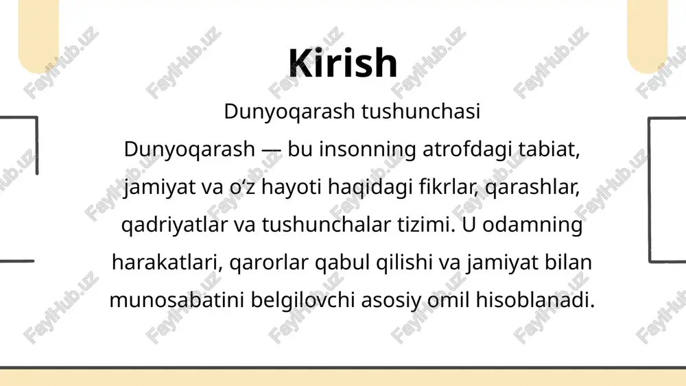 iqiy va asosli yondashishga o‘rgatadi. bugungi globallashuv va tezkor axborot oqimlari davrida bunday dunyoqarashga ega bo‘lgan shaxs jamiyatda faol, ongli, mas'uliyatli fuqaroga aylanishi mumkin. ilmiy dunyoqarashda tanqidiy fikrlash va mantiqiy fikr yuritish asosiy o‘rin tutadi tanqidiy fikrlash: har qanday muammoni chuqur tahlil qilish, sabab-oqibatlarni izlash, fakt va fikrni farqlay olish, turli manbalarni solishtira olish, kabi ko‘nikmalarni rivojlantiradi. mantiqiy fikrlash esa tafakkurga tartib, izchillik, va ketma-ketlik olib kiradi. bu ikki jihat — tanqidiy va mantiqiy fikrlash — zamonaviy ilmiy tafakkurning ajralmas bo‘lagidir. ilmiy dunyoqarashga ega bo‘lgan shaxs har qanday yangilik yoki voqeaga nisbatan mustaqil, asosli, mantiqiy fikr bildiradi. umummadaniy dunyoqarash umummadaniy dunyoqarash — bu insonning milliy va umuminsoniy madaniyat, tarix, urf-odatlar, san’at, adabiyot, axloqiy me’yorlar va ijtimoiy qadriyatlar haqidagi bilim va qarashlari majmuidir. bu dunyoqarash insonning o‘zligini anglash, boshqalarni tushunish, estetik va ma'naviy qadriyatlarni qadrlashga bo‘lgan intilishida muhim o‘rin egallaydi. shaxs madaniyati umummadaniy dunyoqarash shaxsning ichki madaniyati, muomala madaniyati, axloqiy mezonlari …