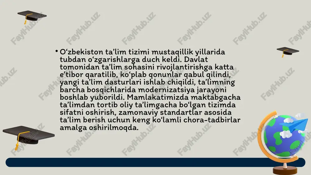 ayonining asosiy yo'nalishlari 3. innovatsion texnologiyalar joriy etilishi interaktiv doskalar, virtual laboratoriyalar va ta'lim platformalari keng qo‘llaniladi. darslar qiziqarli va samarali bo‘lishi uchun texnologiyalar integratsiya qilinadi. iundividual o‘qitish va baholash tizimlari rivojlantiriladi. modernizatsiyalash jarayonining asosiy yo'nalishlari 4. ta'limning raqamlashtirilishi elektron darsliklar va onlayn ta'lim platformalari yaratiladi. masofaviy ta'lim imkoniyatlari kengaytiriladi. ta'lim jarayonlari va baholashlar elektron tizimlarga o'tkaziladi. modernizatsiyalashning ijobiy natijalari va muammolari 1. yaxshilangan o'quv natijalari ta'lim sifati oshadi, talabalar bilim darajasi va ko‘nikmalari yaxshilanadi. innovatsion metodlar va texnologiyalar o‘qitish samaradorligini oshiradi. amaliy va nazariy bilimlar uyg‘unlashadi, talabalar real hayotga tayyorlanadi. modernizatsiyalashning ijobiy natijalari va muammolari 2. ta'limda teng imkoniyatlar yaratish raqamlashtirish orqali masofaviy hududlardagi talabalar ham sifatli ta'lim olishi mumkin bo‘ladi. ta'lim infratuzilmasining yaxshilanishi barcha hududlarda teng sharoitlar yaratadi. ijtimoiy va iqtisodiy farqlardan kelib chiqadigan ta'limdagi tafovutlar kamayadi. modernizatsiyalashning ijobiy natijalari va muammolari 3. qiyinchiliklar va to'siqlar resurslarning yetishmasligi, ayniqsa qishloq va kam rivojlangan hududlarda texnologiyalar kamligi. o‘qituvchilarni yangi …