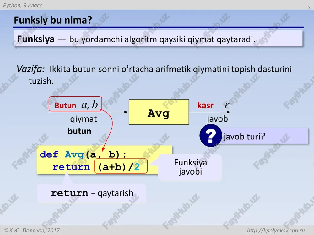 ar to'plamini ifodalaydi. paketlar yordamida kodni tartibga solish, qayta foydalanish va boshqarish osonlashadi. 14.10.2025 paketning asosiy xususiyatlari: 14.10.2025 modullarni birlashishi: paketlar bir nechta modullarni o'z ichiga oladi, bu esa kodni yanada tartibli va boshqarish oson bo'lishini ta'minlaydi. __init__.py fayli: har bir paketning ichida __init__.py fayli bo'lishi kerak. bu fayl paketni modullar to'plami sifatida belgilaydi va uni import qilish imkonini beradi. ushbu fayl bo'sh bo'lishi yoki paketni yuklash uchun kodni o'z ichiga olishi mumkin. modullarni import qilish: paket ichidagi modullarni import qilish uchun quyidagi sintaksisdan foydalaniladi: from package_name import module_name qayta foydalanish: paketlar boshqa loyihalarda yoki dasturlarda qayta foydalanish uchun qulaydir. tashqi kutubxonalar: pythonning standart kutubxonasi ko'plab paketlarni o'z ichiga oladi, masalan, numpy, pandas, matplotlib va boshqalar. modul nima? funksiyaning qulayliklaridan biri, ko'p takrorlanadigan kodlarni funksiya ichida yashirishimiz va kerak bo'lgan murojat qilishimiz mumkinligida. maqsadimiz dasturimizni ixcham va tushunarli qilib, kelajakda o'zimiz yoki boshqalar uchun ham "toza" kod qoldrisih. bu yo'nalishda …