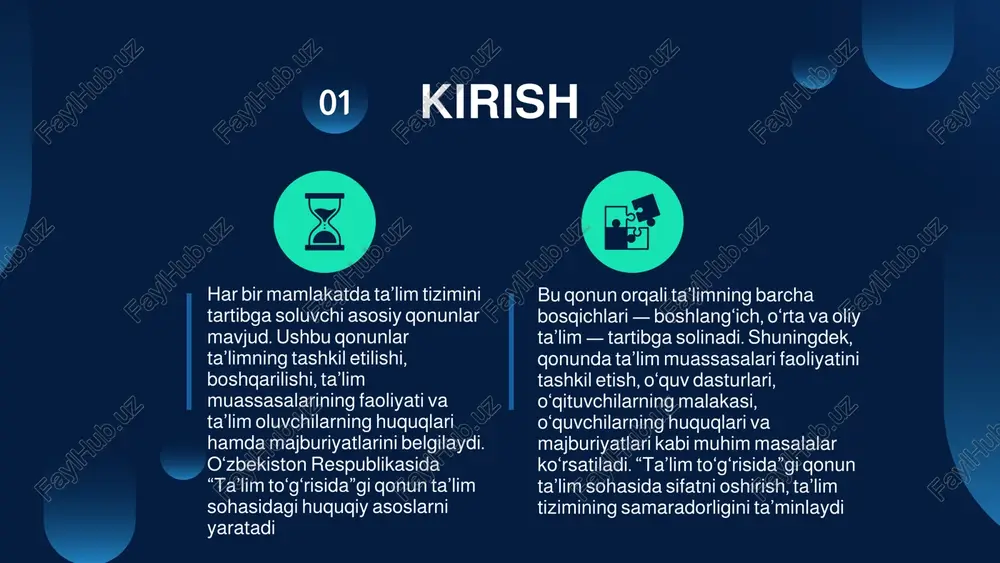 arga muvofiq ro‘yxatdan o‘tadi, litsenziya oladi va o‘z faoliyatini belgilangan tartibda yuritadi. ularning barchasi ta’lim sifatini oshirish, bilimli va malakali kadrlar tayyorlash, fuqarolarning bilim olish huquqini ta’minlashga xizmat qiladi. nizom, ichki qoidalar va tartib-intizom har bir ta’lim muassasasi o‘zining nizomi, ichki qoidalari va tartib-intizom me’yorlari asosida faoliyat yuritadi. nizomda muassasaning maqsadi, vazifalari, boshqaruv tuzilmasi, o‘quv jarayoni tartibi, pedagogik xodimlarning huquq va majburiyatlari, moliyaviy manbalari va boshqa asosiy jihatlar belgilab qo‘yiladi. ichki qoidalar esa ta’lim muassasasida o‘quvchilar, talabalar va xodimlarning kundalik faoliyatini tartibga soladi — bu qatnashish tartibi, kiyinish madaniyati, muomala odobi, intizomiy choralar va boshqalarni o‘z ichiga oladi. nizom, ichki qoidalar va tartib-intizom shuningdek, har qanday ta’lim muassasasi qonuniy faoliyat yuritishi uchun ro‘yxatdan o‘tishi va litsenziyaga ega bo‘lishi shart. ro‘yxatdan o‘tish — bu muassasaning yuridik shaxs sifatida davlat tomonidan tan olinishi bo‘lsa, litsenziya — uning ta’lim faoliyatini amalga oshirish huquqiga ega ekanligini tasdiqlovchi ruxsatnoma hisoblanadi. litsenziya olish uchun muassasa muayyan …
