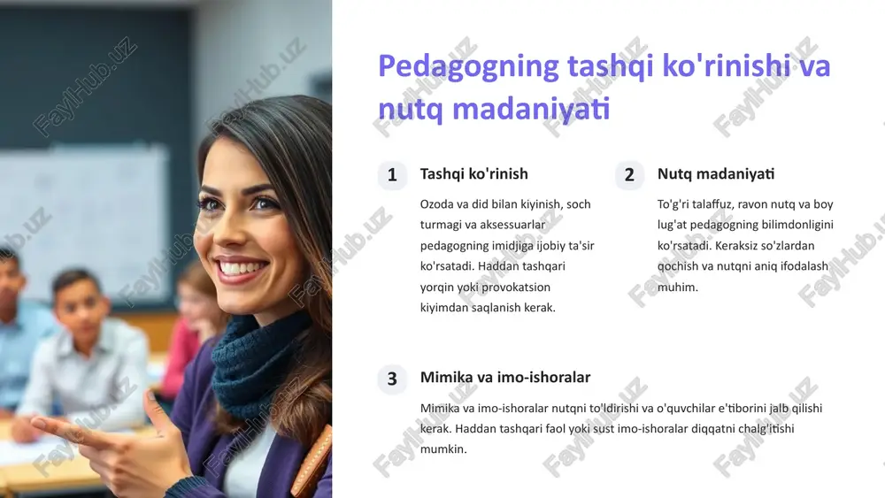 quvchilarning pedagog haqidagi fikrlari uning imidjini baholashda muhim rol o'ynaydi. so'rovnomalar va intervyular orqali ularning fikrini bilish mumkin. hamkasblarning fikri hamkasblarning pedagog haqidagi fikrlari ham muhim ahamiyatga ega. ularning kuzatuvlari va baholari pedagogning kasbiy faoliyatini baholashga yordam beradi. o'z-o'zini baholash pedagogning o'zini-o'zi baholashi uning imidjini shakllantirishda muhim ahamiyatga ega. u o'zining kuchli va zaif tomonlarini aniqlashi va ularni yaxshilashga harakat qilishi kerak. 9 xulosa va tavsiyalar pedagog imidji kasbiy faoliyatning muhim qismi hisoblanadi. u pedagogning o'quvchilar, hamkasblar va ota-onalar bilan munosabatlariga ta'sir qiladi. shuning uchun har bir pedagog o'z imidjini shakllantirishga e'tibor qaratishi kerak. tavsiyalar: doimo o'z ustida ishlash va yangi bilimlarni o'rganish. nutq madaniyatini mashq qilish va auditoriya bilan muloqot qilish qobiliyatini rivojlantirish. xushmuomala bo'lish va boshqalarning fikrini hurmat qilish. o'z xatolarini tan olish va ularni tuzatishga harakat qilish. 10 image1.png image2.png image3.png image4.png image5.png image6.png image7.png image8.png image9.png image10.png image11.png image12.png image13.png ye * «=% —— | aaa