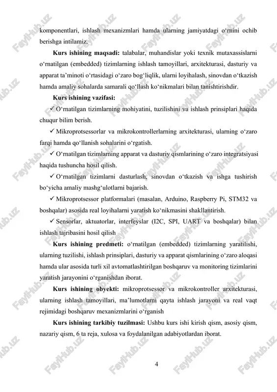 . · mikroprotsessor platformalari (masalan, arduino, raspberry pi, stm32 va boshqalar) asosida real loyihalarni yaratish ko‘nikmasini shakllantirish. · sensorlar, aktuatorlar, interfeyslar (i2c, spi, uart va boshqalar) bilan ishlash tajribasini hosil qilish kurs ishining predmeti: o‘rnatilgan (embedded) tizimlarning yaratilishi, ularning tuzilishi, ishlash prinsiplari, dasturiy va apparat qismlarining o‘zaro aloqasi hamda ular asosida turli xil avtomatlashtirilgan boshqaruv va monitoring tizimlarini yaratish jarayonini o‘rganishdan iborat. kurs ishining obyekti: mikroprotsessor va mikrokontroller arxitekturasi, ularning ishlash tamoyillari, ma’lumotlarni qayta ishlash jarayoni va real vaqt rejimidagi boshqaruv mexanizmlarini o‘rganish kurs ishining tarkibiy tuzilmasi: ushbu kurs ishi kirish qism, asosiy qism, nazariy qism, 6 ta reja, xulosa va foydalanilgan adabiyotlardan iborat. 1.nazariy qism 1.1. o‘rnatilgan tizimlar tushunchasi va ularning asosiy xususiyatlari. o‘rnatilgan tizimlar tushunchasi va ularning asosiy xususiyatlarini o‘rganish zamonaviy axborot texnologiyalari davrida muhim ahamiyat kasb etadi. o‘rnatilgan tizimlar deganda, odatda ma’lum bir maxsus vazifani bajarish uchun mo‘ljallangan, apparat va dasturiy ta’minotning o‘zaro uzviy integratsiyasi asosida yaratilgan …