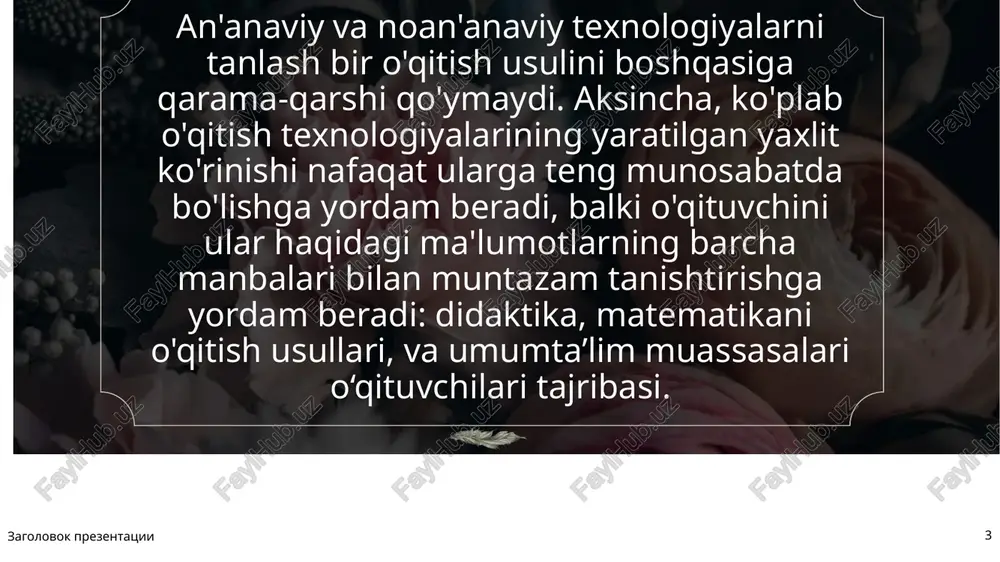 ilgan ish natijalarini sarhisob qilishda bayramona muhit yaratadi. 10 maktabgacha ta’lim tashkilotlarida maktabgacha yoshdagi bolalar uchun noan’anaviy faoliyatlarni tashkil etish faoliyatlarda uslubiy, pedagogik va psixologik xarakterdagi maqsadlarga erishish mumkin. bular quyidagilar: talabalarning ma’lum bir mavzu bo‘yicha bilim, ko‘nikma va malakalarini nazorat qilinadi. maktabgacha yoshdagi bolalarning faoliyatlarni jiddiy qabul qilish ko‘nikmasi vujudga kelib, ijodiy muhit tashkil etiladi. tarbiyachi faoliyat davomida minimal ishtirok etadi. 11 an’anaviy dars –muayyan muddatga mo‘ljallangan. ta’lim jarayoni ko‘proq o‘qituvchi shaxsiga qaratilgan, mavzuga kirish, yoritish, mustahkamlash va yakunlash bosqichlaridan iborat ta’lim modelidir. o‘quv materiali yangi va ancha murakkab bo‘lganda, an’anaviy dars –ko‘p hollarda ta’lim jarayonining birdan –bir metodi bo‘lib qolmoqda. ma’lumki, an’anaviy darsda ta’lim jarayonining markazida o‘qituvchi turadi. shu bois, ba’zida an’anaviy darsni markazida o‘qituvchi turgan o‘qitish usuli deb ham atashadimarkazda o‘qituvchi bo‘lgan o‘quv jarayonining, darsning maqsadi va uning ijobiy jihatlari quyida keltirilgan asoslarga tayanadi: zagolovok prezentatsii 12 -o‘quvchining o‘qishga bo‘lgan ishtiyoqini oshirib borish; -ilgari egallangan bilimlarni ham …