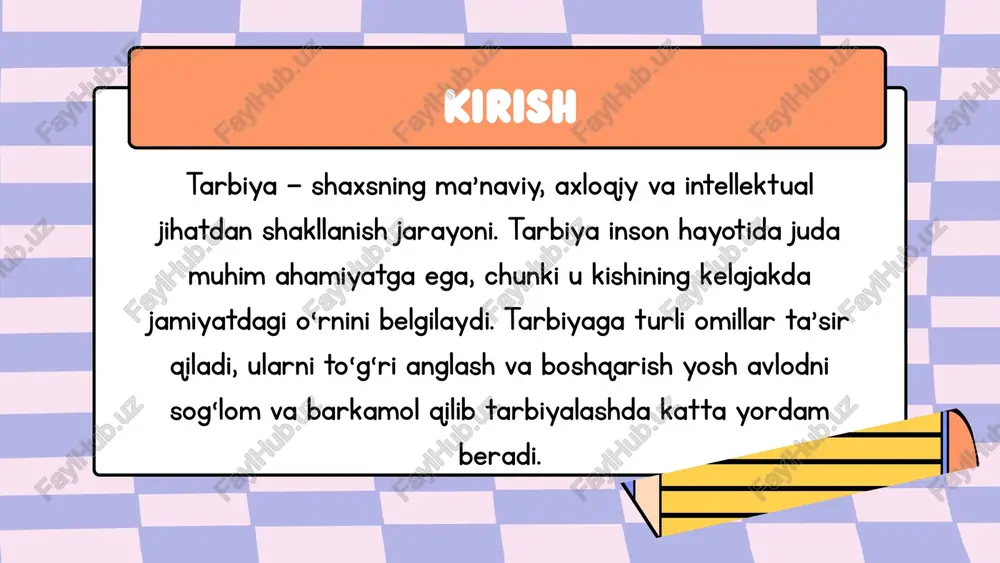 ot vositalari (oav) televizor, radio, gazeta, jurnal kabi an’anaviy oav tarbiyaga ta’sir qiladi. mazmuni va sifati tarbiyaviy jarayonga ijobiy yoki salbiy ta’sir ko‘rsatadi. tashqi omillar 5) internet va ijtimoiy tarmoqlar zamonaviy yoshlar uchun muhim axborot manbai va muloqot maydoni. ijobiy bilim olish, muloqot qilish imkoniyatini beradi. ammo, zararli kontent va noto‘g‘ri ma’lumotlar salbiy ta’sir ko‘rsatishi mumkin. media va raqamli vositalarning tarbiyaga ta’siri internet va ijtimoiy tarmoqlar yosh ongiga qanday ta’sir qiladi? internet, tiktok, youtube, telegram kabi platformalar yoshlarning kundalik hayotining ajralmas qismiga aylangan.bu vositalar orqali ular turli ma’lumotlar, ko‘ngilochar kontent va yangiliklarga erkin kirish imkoniga ega. media va raqamli vositalarning tarbiyaga ta’siri ijobiy kontentning ta’siri ta’lim, ma’rifat, sog‘lom turmush tarzi haqida videolar va materiallar. ijtimoiy faollik, madaniyat, san’at va sportga oid kontent. yoshlarni motivatsiya qilish, yangi ko‘nikmalarni o‘rgatish. media va raqamli vositalarning tarbiyaga ta’siri salbiy kontentning xavfi nojo‘ya, zo‘ravonlik, noto‘g‘ri axloqiy qadriyatlarni targ‘ib qiluvchi materiallar. ma’lumotlarning noto‘g‘ri yoki buzilgan shaklda …