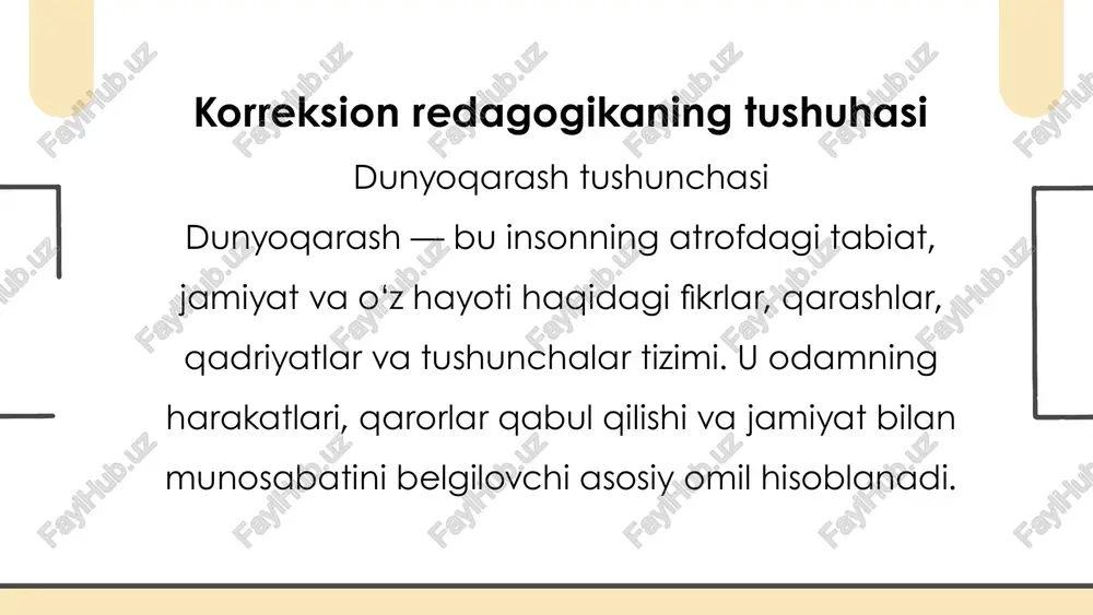n xalos qiladi, hayotdagi muammolarga mantiqiy va asosli yondashishga o‘rgatadi. bugungi globallashuv va tezkor axborot oqimlari davrida bunday dunyoqarashga ega bo‘lgan shaxs jamiyatda faol, ongli, mas'uliyatli fuqaroga aylanishi mumkin. ilmiy dunyoqarashda tanqidiy fikrlash va mantiqiy fikr yuritish asosiy o‘rin tutadi tanqidiy fikrlash: har qanday muammoni chuqur tahlil qilish, sabab-oqibatlarni izlash, fakt va fikrni farqlay olish, turli manbalarni solishtira olish, kabi ko‘nikmalarni rivojlantiradi. mantiqiy fikrlash esa tafakkurga tartib, izchillik, va ketma-ketlik olib kiradi. bu ikki jihat — tanqidiy va mantiqiy fikrlash — zamonaviy ilmiy tafakkurning ajralmas bo‘lagidir. ilmiy dunyoqarashga ega bo‘lgan shaxs har qanday yangilik yoki voqeaga nisbatan mustaqil, asosli, mantiqiy fikr bildiradi. umummadaniy dunyoqarash umummadaniy dunyoqarash — bu insonning milliy va umuminsoniy madaniyat, tarix, urf-odatlar, san’at, adabiyot, axloqiy me’yorlar va ijtimoiy qadriyatlar haqidagi bilim va qarashlari majmuidir. bu dunyoqarash insonning o‘zligini anglash, boshqalarni tushunish, estetik va ma'naviy qadriyatlarni qadrlashga bo‘lgan intilishida muhim o‘rin egallaydi. shaxs madaniyati umummadaniy dunyoqarash shaxsning ichki …