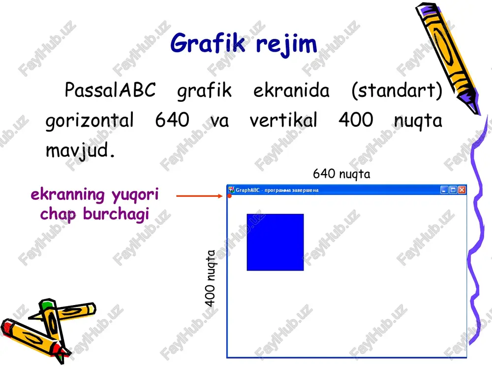 vchisi yoki matn o'zgarmasida berilgan faylda saqlangan rasmni cho'tka uchun namuna sifatida yuklaydi. bunda cho'tkaning rangi va stili inobatga olinmaydi. uses graphabc; begin setbrushpicture('brush4.bmp');ellipse(0,0,640,400); end. * program pryamougolnik; uses graphabc; begin setpencolor(clred); setpenwidth(20); rectangle(50,50,200,200); floodfill(100,100,clblue); end. kontur rangi setpenwidth(w); setpencolor(color); * circle(x,y,r) - markazi (x,y) nuqtadan iborat va radiusi r bo’lgan aylana chiadi. aylana uses graphabc; begin circle(500,200,100); floodfill(500,200,clred); end. x1,y1 r graphabc - nporpama sanepuiena eel )/ graphabc - nporpayasa sane puena eal} ff! graphabc - nporpanasa sanepwena graphabc - nporpamwa sanepuiena eal} fiigraphabc - nporpasewa sane pue via fiigraphabc - nporpasewa sane pue via ffllgraphabc - nporpaeva sane puena fl graphabc - nporpaveva sane puena ff!) graphabc - nporpanwya aai ] ffllgraphabc - nporpavova sane puena lerqeqeqeeeee sa sa sa sh sk sek eee eee’ pee ge ge ge ge ge ge e re ge ge ge ge ge ee pg ge ge ge ge ge e €e …
