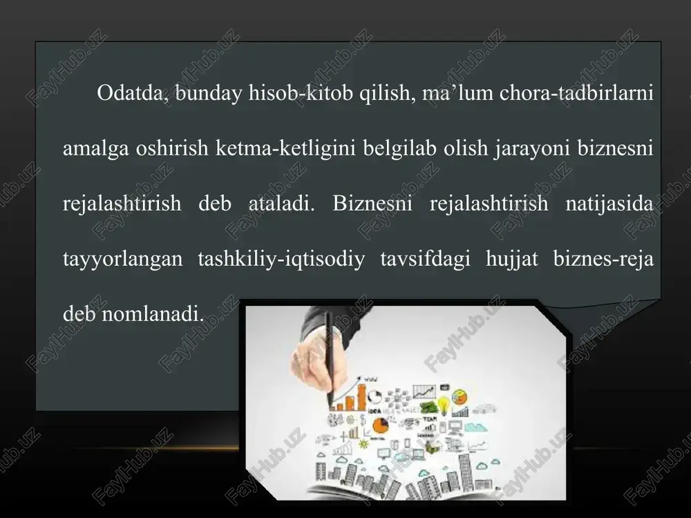 keting magsadlari 42 [marketing strategiyasi 4.3 [marketing rejasining moliyaviy ta’minlanishi 5 |ishlab chiqarish rejasi 3.1 [yangi tovarishlab chigaravehisi 5.2 [talab qilinadigan ishlab chigarish quvvatlan va ularning majudligi 3.3 [ishlab chigarishning moddiy omillari sa [ishlab chigarish jarayonini ta 6 __|pashkiliy rej 6.1 [korxonaning tashia 62 [korxonaning tashkiliy wzilmasi 63 [majburiyatlaring tagsimlanishi 6.4 [hamkorlar to'g'rsida axborot 65 [biznes tashqi mubitining ta’ rif 6.6 [korxonaning mehnat resursari 67 {org fisida ma lumotlar 7 7 lar rejash 72 lovlar rjash 7.3__[korxona aktiv va passivlarining qo’ shma balansi 74 [zararsiclikka erishish erafigi 7.5 [moliyalashtiish strategiyasi (mablaglar manbalar va wlarni sarlash) 7.6 _[tavakkalchilikni baholash va sug'urta hovalar