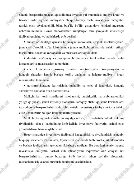 estitsiyalarni moliyalashtirish manbalarining mohiyati va ahamiyati. iqtisodiy tarkibning qayta qurilishi faol investitsiya siyosatini o’tkazish bilan chambarchas bog’liqdir. investitsiya bazasini rivojlantirish va chuqurlashtirish islohotlar strategiyasining muhim shartidir. iqtisodiyot tuzilishi qurilishining belgilangan yo’nalishlari eksport imkoniyatining kengaytirilishiga, baquvvat investitsiya siyosatini o’tkazish yo’li bilangina erishish mumkin. buning uchun o’z sarmoyalarimizni ham, tashqi kreditlarni ham bevosita investitsiyalar va ularning barcha manbalarini ham ishga solish zarur. bozor iqtisodiyoti sharoitida investitsion loyihalarni moliyalashtirish investorlar tomonidan tashkil etilgan har xil manbalar, shu jumladan moliyaviy resurslarni jalb qilish yo’li bilan, kreditlar evaziga qonunchilikda belgilangan holda qimmatli qog’ozlar va zayomlar chiqarish xisobiga amalga oshiriladi. umumiy hisobga olganda, real investitsion loyihalarni moliyalashtirish manbalari quyidagi shakllarga bo’linadi: 1. investorning o’z moliyaviy resurslari; 2. investorning qarzga olgan mablag’lari; 3. investorni jalb qilgan moliyaviy resurslari; 4. davlat byudjeti mablag’lari, (shu jumladan, mahalliy byudjet mablag’lari); 5. chet el investitsiyalari va kreditlari; 6. noan’anaviy moliyalashtirish. (sindikatli kreditlash, seleng, venchurli moliyalashtirish va boshqalar). kapital moliyalashtirish manbalarini ikki …