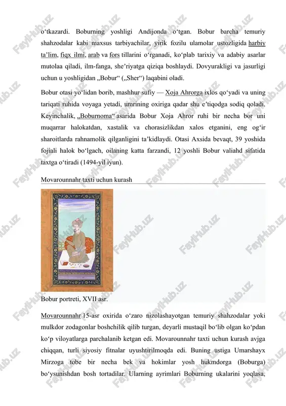 sh, davlat ishlarida intizom oʻrnatish kabi muhim chora-tadbirlarni amalga oshiradi. boburning dastlabki siyosiy maqsadi amir temur davlatining poytaxti, strategik va geografik jihatdan muhim boʻlgan samarqandni egallash va movarounnahrda markazlashgan kuchli davlatni saqlash, mustahkamlash hamda amir temur saltanatini qayta tiklashdan iborat edi. boburning andijonni qayta egallashi boburning taxtga chiqishi, 1495 yil bu paytda, qisqa muddat ichida samarqand taxtiga uchinchi hukmdor kelgan edi. sulton ahmad mirzo vafoti (1494-yil iyul) dan keyin taxtga oʻtirgan sulton mahmud mirzo samarqandda davlatni 5—6 oydan ortiq idora etmadi — qisqa muddatli kasallikdan soʻng 43 yoshida vafot etdi. uning oʻrniga buxoroda hokim boʻlgan oʻgʻli boysungʻur oʻtiradi. 1495—1496-yillarda bobur samarqandga ikki marta muvaffaqiyatsiz yurish qiladi. 1497-yil kuzida u samarqand atrofidagi bir qancha joylarni va 7 oylik qamaldan soʻng samarqandni egallaydi, boysungʻur qunduzga qochadi. shahar qamal tufayli nihoyatda ogʻir kunlarni boshidan kechirmoqda edi. hatto ekkulik don ham topish mushkul edi. bobur qoʻshinni taʼminlashda katta qiyinchiliklarga duch keldi. navkarlaridan ayrimlari andijon …