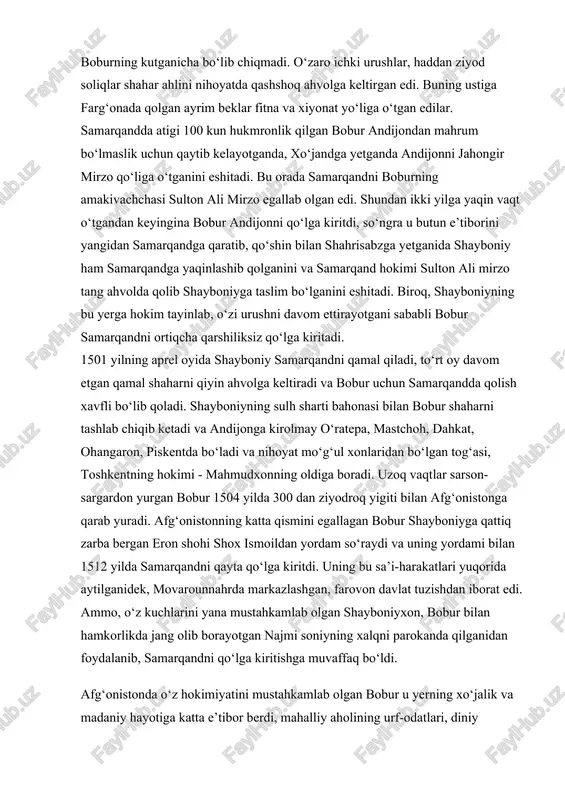 tahkamlab olgan shayboniyxon, bobur bilan hamkorlikda jang olib borayotgan najmi soniyning xalqni parokanda qilganidan foydalanib, samarqandni qo‘lga kiritishga muvaffaq bo‘ldi. afg‘onistonda o‘z hokimiyatini mustahkamlab olgan bobur u yerning xo‘jalik va madaniy hayotiga katta e’tibor berdi, mahalliy aholining urf-odatlari, diniy e’tiqodlariga erkinlik berdi va amaldorlarini izzat-hurmat qildi. bularning barchasi boburning shon-shuhratini oshiradi. bobur o‘z davlatini janub tomonga kengaytirish, hindistonni egallab olish harakatini boshlab yuboradi. 1525 yil 21 aprelidagi panipat, so‘ngra dehli janglari 1527 yilning 16 martida boburning g‘alabasi bilan tugaydi. bobur faqat yirik davlat arbobi va mohir lashkarboshigina emas, balki, buyuk shoir, adib, tarixchi va olim hamdir. «boburnoma»ni ingliz tiliga tarjima qilgan uilyam erskin boburni ta’riflar ekan, «osiyodagi podsholar ichida boburga teng keladigan bironta ham podshoh topolmaymiz» deganda uni faqat davlat arbobi sifatida emas, uning fan va san’at, she’riyat va badiiyatga bo‘lgan oshnoligini ham nazarda tutgan edi. boburning o‘zbekcha devonining ikki qo‘lyozmasi ma’lum. bulardan biri parijda, ikkinchisi hindistonda saqlanadi. professor a.samoylovich …