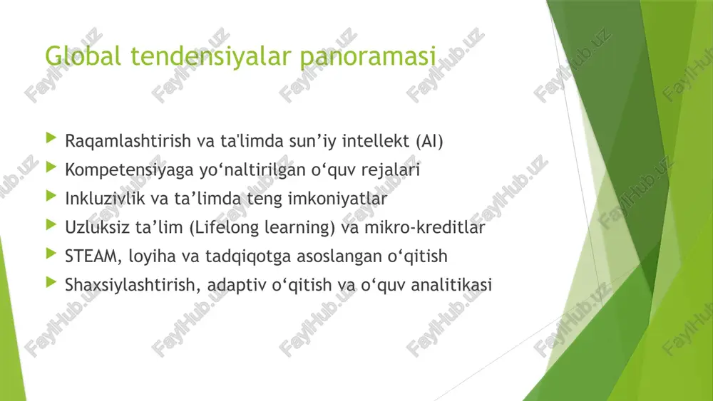 texnologiyaga ortiqcha tayanish — pedagogik sifatning pasayishi tavsiya: kompleks raqamli strategiya, udl, sel, akademik halollik siyosati tavsiya: o‘qituvchilar uchun cpd va hamjamiyat amaliyoti (cop) swot asosida yo‘l xaritasi ishlab chiqish tavsiya etiladi. /docprops/thumbnail.jpeg pedagogikaning taraqgiyot tendensiyalari