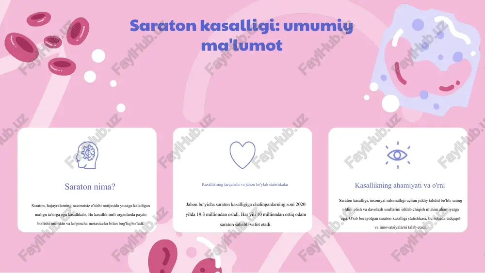 tizimlari zarur. psixologik yordam: bemorlar uchun muhim ahamiyat. saraton bilan kasallangan bemorlar psixologik yordamga muhtoj. psixologik terapiya, guruh sessiyalari va individual maslahatlar bemorlarning ruhiy holatini yaxshilashga yordam beradi. bu yordam, bemorlarning ishtiyoqi va hayot sifatini oshirishga ko'maklashadi. o'z-o'zini nazorat qilish: sog'lom turmush tarzi va ovqatlanish. o'z-o'zini nazorat qilish bemorlarning sog'lom turmush tarzi va ovqatlanish bo'yicha qarorlar qabul qilishini anglatadi. sog'lom ovqatlanish, muntazam jismoniy faoliyat va stressni boshqarish usullari saraton kasalligining oldini olishda va davolashda muhim rol o'ynaydi. davolash usullari: zamonaviy yondashuvlar. zamonaviy davolash usullari, masalan, immunoterapiya, kimyoterapiya va radioterapiya, saratonni boshqarishda samarali bo'lishi mumkin. har bir bemor uchun eng maqbul davolash usulini tanlashda mutaxassis maslahatlari zarur. sog'lom turmush tarzi asoslari sog'lom turmush tarzi nima? sog'lom turmush tarzi - bu sog'likni saqlash va kasalliklarni oldini olish maqsadida yondashuv. u to'g'ri ovqatlanish, jismoniy faollik va stressni boshqarishni o'z ichiga oladi. sog'lom ovqatlanishning o'rni sog'lom ovqatlanish uchun muhim mahsulotlar: sabzavotlar, mevalar, to'liq donli …