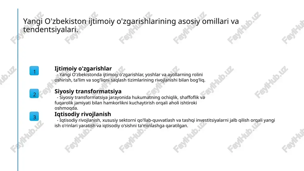 nishini baholashda muhim rol o'ynaydi, mamlakatning global imijini va iqtisodiy ko'rsatkichlarini yoritadi. xulosa 1 o'zgarishlarning ahamiyati yangi o'zbekistondagi ijtimoiy, siyosiy va iqtisodiy o'zgarishlar xalqaro reytinglarda kuzatilmoqda, bu esa global miqyosda mamlakatning imijini yaxshilaydi. 2 xalqaro reytinglar natijalari o'zbekistonning xalqaro reytinglardagi ko'rsatkichlari ijtimoiy-iqtisodiy transformatsiyaning muvaffaqiyatini aks ettiradi, shuningdek, xalqaro hamkorlikni kuchaytiradi. 3 kelajakdagi imkoniyatlar yangi o'zbekistonning o'zgarishlari, xalqaro indekslar orqali, mamlakatning uzoq muddatli rivojlanish strategiyalarini shakllantirishda muhim ahamiyat kasb etadi. foydalanilgan adabiyotlar 1. yusupov, a. o'zbekistonning ijtimoiy-siyosiy transformatsiyalari: yangi davrga qadamlar. o'zbekiston fanlar akademiyasi, 2023 2. ruziev, d. iqtisodiy o'zgarishlar va xalqaro reytinglar: o'zbekiston misolida. o'zbekiston milliy universiteti, 2022 3. akbarov, s. o'zbekistonning madaniy hayoti: ijtimoiy o'zgarishlar va xalqaro indekslar. o'zbekiston madaniyati, 2023 4. tursunov, m. xalqaro reytinglar va o'zbekistonning ijtimoiy-iqtisodiy rivojlanishi. iqtisodiyot va boshqaruv jurnali, 2023 5. khamidov, b. o'zbekistonning siyosiy va iqtisodiy transformatsiyasi: xalqaro tajribalar va natijalar. o'zbekiston respublikasi prezidenti huzuridagi davlat boshqaruvi akademiyasi, 2023 e'tiboringiz uchun rahmat!