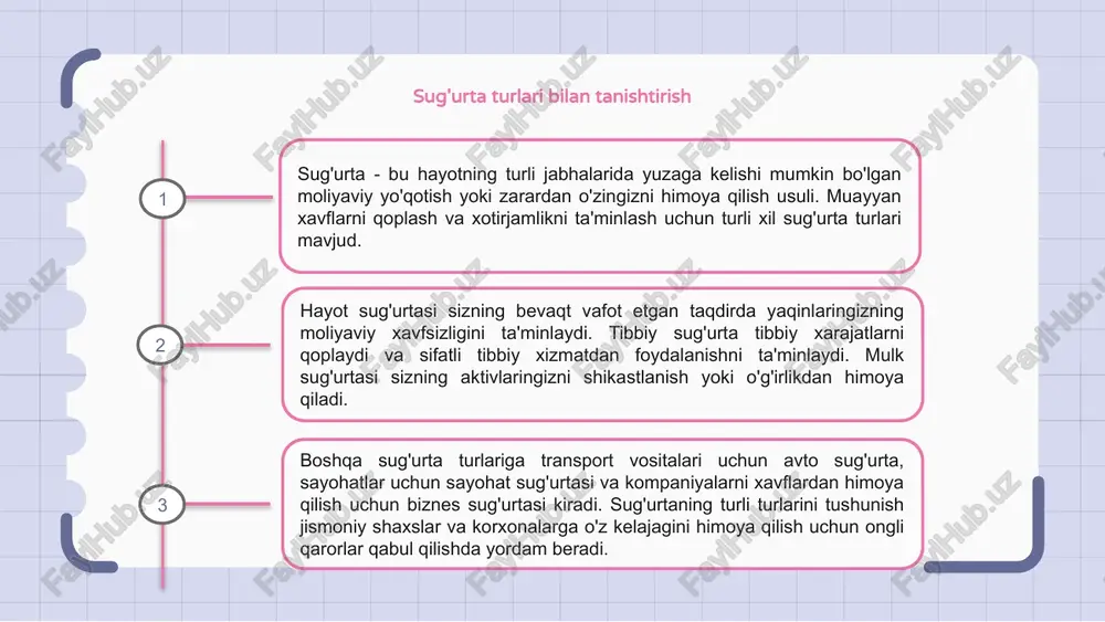 . uyingiz va byudjetingizga eng mosini topish uchun qamrov variantlarini diqqat bilan ko'rib chiqish va turli siyosatlarni solishtirish juda muhimdir. to'g'ri sug'urtaga ega bo'lish sizning mulkingiz har qanday kutilmagan hodisalarda himoyalanganligini bilib, xotirjamlik beradi. sayohat sug'urtasi: silliq sayohatni ta'minlash sayohat sug'urtasi sayohatchilarni himoya qilishning muhim shakli bo'lib, sayohatni bekor qilish, tibbiy favqulodda vaziyatlar va narsalarni yo'qotish kabi kutilmagan hodisalarni qoplaydi. bu xotirjamlikni ta'minlaydi. sayohat sug'urtasining har xil turlari mavjud, jumladan, bitta sayohat, yillik ko'p sayohat va sarguzashtlar yoki qariyalar uchun maxsus siyosatlar. muayyan ehtiyojlaringiz uchun to'g'ri qoplamani tanlash juda muhimdir. sayohat sug'urtasiga ega bo'lish chet elda favqulodda vaziyatlar yuzaga kelganda yordam va moliyaviy yordam ko'rsatish orqali muammosiz sayohatni ta'minlaydi, bu sizga kutilmagan baxtsiz hodisalar haqida qayg'urmasdan sayohatingizdan zavq olishga e'tiboringizni qaratish imkonini beradi. 1 2 3 biznes sug'urtasi: aktivlaringizni himoya qilish biznes sug'urtasi haqida gap ketganda, bu sizning aktivlaringizni himoya qilishdir. kompaniyangizni potentsial xavf va majburiyatlardan himoya qilish uning barqarorligi …