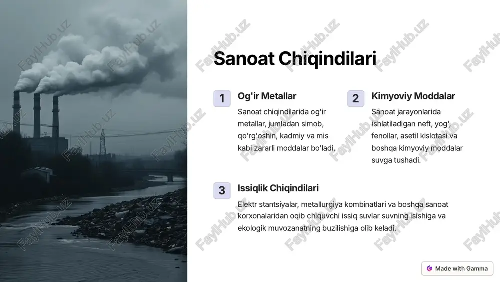 larni qayta ishlash suvni tozalash natijasida hosil bo'lgan chiqindilarni qayta qayta ishlash. https://gamma.app/?utm_source=made-with-gamma xulosa va tavsiyalar ifloslanishga qarshi kurashish suvning ifloslanishini oldini olish va nazorat qilish uchun kompleks yondashuv lozim. davlat siyosati muhim suvning ifloslanishiga qarshi olib borilayotgan davlat siyosati va qonunchilik tizimi yanada mustahkamlanishi kerak. har birimiz javobgariz suvning ifloslanishini oldini olish va uni tozalash masalasida har bir fuqaro, korxona va tashkilotning o'z mas'uliyati bor. https://gamma.app/?utm_source=made-with-gamma
