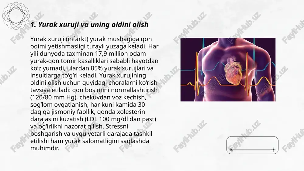 torayishi (stenoz) shaklida namoyon bo'ladi. jahon sog‘liqni saqlash tashkiloti ma'lumotlariga ko‘ra, dunyo bo‘yicha yurak qopqoq kasalliklari 2,5% aholida uchraydi. kasalliklar ichida mitral qopqoq prolapsusi eng ko'p tarqalgan hisoblanadi. davolash usullari qatoriga dori-darmonlar, invaziv bo'lmagan protseduralar va jarrohlik amaliyoti kiradi. erta aniqlash va davolash yurak qopqoq kasalliklarining sog‘liq qayg‘ularini kamaytirishga yordam beradi. ... t.me/slaydai_bot 7. ishemiya kasalligi ishemiya kasalligi yurakka qon oqimi yetishmasligidan kelib chiqadigan kasallikdir. bu holat yurak arteriyalarining torayishi yoki tiqilib qolishi tufayli yuzaga keladi. ishemiya kasalligi, odatda, koronary arteriyalar kasalligi deb ham ataladi. ushbu kasallik infarktga olib kelishi mumkin va uning asosiy xavfi yurak yetishmovchiligi, yurak ritmining buzilishi va to‘satdan yurak o‘limidir. ishemiya kasalligidan aziyat chekayotganlar orasida erkaklar soni ayollarga nisbatan ko‘proq bo‘lib, olti milliondan ziyod odamda ushbu kasallik uchraydi. dunyoda eng ko‘p o‘lim sabablaridan biri hisoblanadi va har yili millionlab odamlar hayotini olib ketadi. ... t.me/slaydai_bot xolesterin yurak sog‘lig‘i uchun muhim. ldl (yomon) xolesterin miqdori yuqori bo‘lsa, …