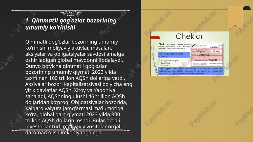 2023-yilda 25 ta xorijiy kompaniya ham faoliyat yuritmoqda. ... t.me/slaydai_bot fond birjalari iqtisodiyotga bir qancha muhim ta'sir ko'rsatadi. ular kapital bozorlarini rivojlantirib, kompaniyalarga moliyaviy resurslarni jalb qilish imkoniyatini beradi. masalan, aqshda 2019 yilda fond bozori orqali kompaniyalar $2.2 trillion kapital jalb qilgan. bundan tashqari, fond birjalari iqtisodiy o'sishni rag'batlantiradi; jahon banki hisobotiga ko'ra, rivojlanayotgan mamlakatlarda fond bozori 10% o'sganda, iqtisodiyotning o'sish sur'ati 0.2% oshadi. birjalar shaffoflikni ta'minlab, investorlarni jalb etadi, bu esa iqtisodiyotga barqarorlik keltiradi. misol uchun, 2020 yilda xitoyning shanghai birjasi 433 trillion yuan savdo hajmiga ega bo'lib, mahalliy iqtisodiyotda katta rol o'ynadi. ... t.me/slaydai_bot 7. qimmatli qog'ozlar va investitsiyaviy xavflar qimmatli qog'ozlar bozorida investitsiya qilish bilan bog'liq asosiy xavflardan biri bozor xavfi bo'lib, bu qimmatli qog'ozlarning qiymati pasayib ketishi ehtimoli bilan bog'liq. shuningdek, likvidlilik xavfi mavjud, ya'ni investor qimmatli qog'ozlarni sotib olish yoki sotishda qiyinchilikka duch kelishi mumkin. amaliyotchi investorlar diversifikatsiya orqali ushbu xavflarni kamaytirishi mumkin. bunday xavf …