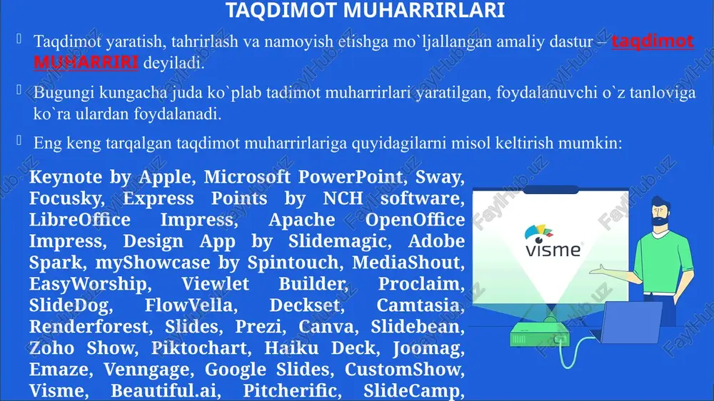 dan foydalanuvchlarni maqomini o`quvchi, izoh qoldiruvchi hamda muharrir qilib o`zgartirish mumkin. ssilkni jo`natish masalan foydalanuvchilar maqomini muharrir qilib belgilasak, va ssilkani nusxalab boshqa foydalanuvchilarga jo`natsak, ushbu ssilkaga ega bolganlar hujjatni to’liq o`chirib yuborishdan tashqari hujjatga barcha o`zgarishlarni kirita oladilar. quyidagi afzalliklarga ega: taqdimotdan bir vaqtda bir nechta foydalanuvchi on-line rejimda foydalanishi va unga o`zgartirishlar kiritishi mumkin; unda taqdimotga o`zgartirish kiritilganda, uni har safar saqlash kerak emas, u doim on-line rejimda avtomatik tarzda saqlaydi; dasturni yangilash shart emas; barcha turdagi qurilmalar va operatsion tizimlarda birdek ishlayveradi, ya’ni qurilma va operatsion tizim tanlamaydi; o`zbek tilidagi matnlarni ham orfografik xatolarini tekshirib boradi va h.k. google slides bilan ishlashning afzalliklari image21.gif image22.png image23.png image24.png image25.png image26.png image27.png image28.png image29.png image30.png image31.png image32.png image33.png image34.png image35.png image3.png image4.png image5.png image6.png image9.png image10.png image13.png image14.png image15.png image16.png image17.png image18.png image19.png image20.png @ se6enrcrone: x | g penaeropeine x | et] pesarropsine x | ei) 7ayawmccer x …
