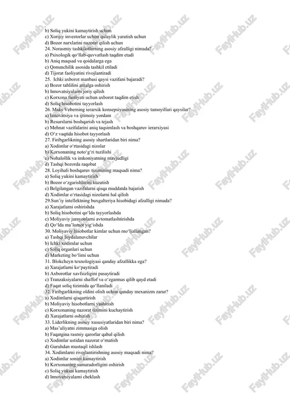 v tizimi qanday xususiyatga ega? a) qarorlar yuqori darajada qabul qilinadi b) qarorlar xodimlar tomonidan qabul qilinadi c) yangi innovatsiyalarni rag‘batlantiradi d) resurslarni tejashni ta'minlaydi 22. tashkiliy tuzilmaning moslashuvchanligi qaysi vazifaga xizmat qiladi? a) xarajatlarni kamaytirishga b) xodimlar sonini ko‘paytirishga c) bozor o‘zgarishlariga tez javob berishga d) moliyaviy barqarorlikni ta’minlashga 23. buxgalteriya hisobi axborotining milliy va xalqaro standartlarga muvofiqligi nima uchun muhim? a) xodimlarning ish unumdorligini oshirish uchun b) soliq yukini kamaytirish uchun c) xorijiy investorlar uchun qulaylik yaratish uchun d) bozor narxlarini nazorat qilish uchun 24. norasmiy tashkilotlarning asosiy afzalligi nimada? a) psixologik qo‘llab-quvvatlash taqdim etadi b) aniq maqsad va qoidalarga ega c) qonunchilik asosida tashkil etiladi d) tijorat faoliyatini rivojlantiradi 25. ichki axborot manbasi qaysi vazifani bajaradi? a) bozor tahlilini amalga oshirish b) innovatsiyalarni joriy qilish c) korxona faoliyati uchun axborot taqdim etish d) soliq hisobotini tayyorlash 26. maks veberning ierarxik konsepsiyasining asosiy tamoyillari qaysilar? a) innovatsiya va …