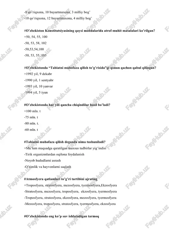 obni belgilang +ibtidoiy agrar,industrial, texnogen, noogen -ibtidoiy feodal, texnogen, noogen -biogen, ibtidoiy feodal, texnogen, noogen -biogen, ibtidoiy feodal, texnogen #ekolog olim odum (1986)ning ekologiya faniga bergan ta’rifini ko’rsating. +«tabiat va jamiyatdagi o’zaro aloqador ko’p darajali sistemalarning tuzilishi va faoliyati to’g’risidagi fanlararo bilim soxasidir” -“ekologiya –tabiat va jamiyatning o’zaro aloqfasini o’rganadigan fan” -“ekologiya tabiatda bo’ladigan jaranlarni o’rganadigan fan” -“ekologiya atrof muhitga insonlarni ta’sirlari natijasini o’rganuvchi fandir” #xozirgi zamon ekologiyasida mavjud muammolarni o’rganish va hal qilishda ...... mavjud +antropotsentrik ekotsentrik yondashish -antropotsentrik texnotsentrik -texnotsentrik, ekotsentrik -antropotsentrik, nootsetrik. #antropotsentrik yondashishda............ +ekologik muammolarni hal qilishning texnologik choralari asosiy deb hisoblanadi va tabiatning imkoniyatlari, qonuniyatlari yetarlicha e’tiborga olinmaydi -tabiatdagi qonunlar hisobga olinmaydi. -tabiatning imkoniyatlari, qonuniyatlari yetarlicha e’tiborga olinadi - ekosistemalarni asl holida saqlab qolish ustuvor vazifa hisoblanadi. #ekotsentrik yondashishda............... +tabiatdagi qonunlarni hisobga olish, mavjud tabiiy ekosistemalarni asl holida saqlab qolish ustuvor vazifa hisoblanadi. -tabiatdagi qonunlar hisobga olinmaydi. -tabiatdagi qonunlarni hisobga olish ustuvor vazifa hisoblanadi -tabiatning …