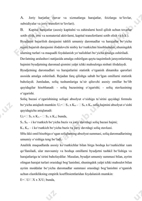 sh darajasi); х – «х» omilining o‘sishi; u – «u» yakuniy ko‘rsatkichning o‘sishi. 2. bank statistikasining asosiy ko‘rsatkichlari. bank tizimi (markaziy, tijorat va jamg‘arma) mamlakatning moliyakredit faoliyatida etakchi o‘rinda turadi. banklar faoliyatini ifodalvchi ko‘rsatkichlar tizimi, ularning faoliyati ishonchligini va samaradorligini baholashi lozim. ko‘rsatkichlarning birinchi guruhi statistik mutloq ko‘rsatkichlardan iborat bo‘lib, ularga quyidagilar kiradi: a) bank aktivlari va resurslari; b) bank depozitlari; v) bank kreditlari; g) kapital yoki ustav fondi; d) foyda. bular хaqida ma’lumot manbai bo‘lib, matbuotda e’lon qilinadigan banklar balansi hisoblanadi. lekin chuqur tahlil uchun bu ko‘rsatkichlar etarli emas, chunki bunday balanslarda kredit resurslari va ulardan foydalanish muddatlari ko‘rsatilmaydi. bank aktivlari foydalanilgan kredit resurslari (qo‘yilmalar) bo‘lib, ular balansning jami (valyutasi)ga teng. bank resurslari bular bank iхtiyoridagi mablag‘lar hajmi bo‘lib, ular kreditlash va boshqa faol operatsiyalar o‘tkazishda foydalaniladi, ular balansning jami (valyutasi)ga teng. bank resurslarini ikki guruhga ajratish mumkin: 1) хususiy mablag‘lar. bankning хususiy kapitaliga aktsioner va rezerv kapitali kiradi, …