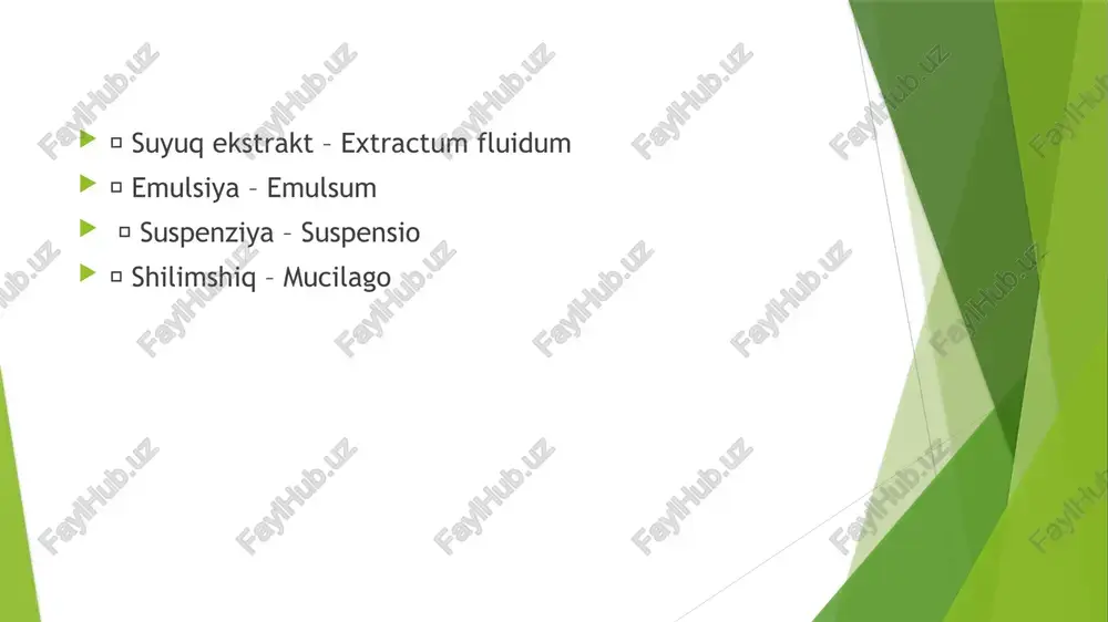 istemasidir. birinchi fazasi suv, ikkinchisi esa unda erimaydigan moddadan (efir moylari, yog’lar, balzamlar) tashkil topgan. tashqi ko’rinishi jihatidan emulsiyalar sutni eslatadi. tayyorlanishiga qarab emulsiyalar 2 ga bo’linadi: 1. mag’izli emulsiyalar – emulsa seminalia 2. moyli emulsiyalar – emulsa oleosa misol: 20 g bodom urug’idan tayyorlangan 200 ml emulsiya yozib, 1 osh qoshiqdan har soatda ichish buyurilsin. rp.: seminum amygdali dulcis 20,0 aquae destillatae ad 200 ml m. f. emulsum d.s. 1 osh qosiqdan kuniga 3 mahal ichilsin. /docprops/thumbnail.jpeg mavzu:suyug dori shakillari va ularga retsept yozish qoidalari