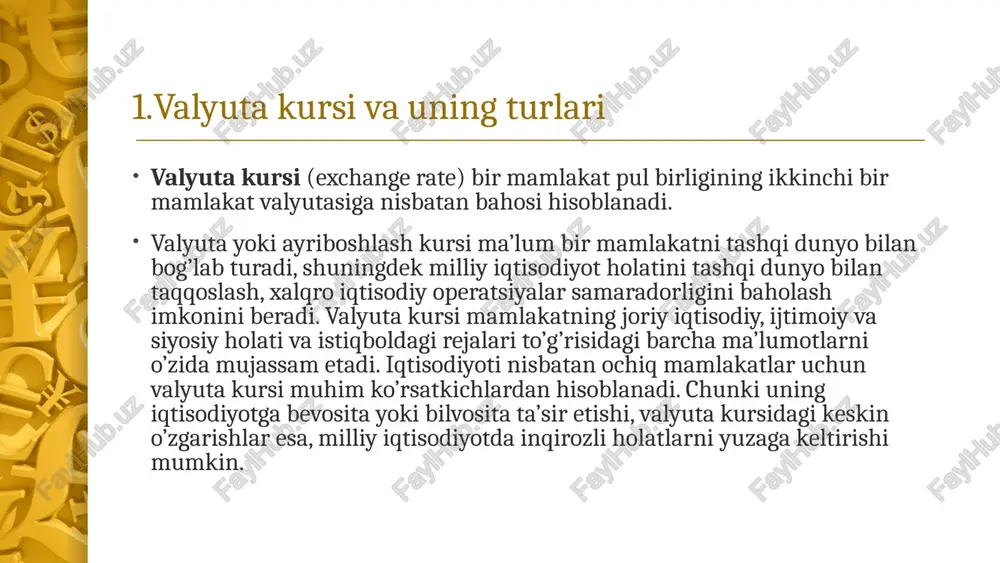 arralarni ommaviy tarqalishi, kuchli to’fon yoki dovullar va h.k.lar natijasida turli darajadagi vayronagarchilikni yuzaga kelishi. shuningdek, mamlakatda terroristik hurujlarni, hujum va harakatlari sodir etilishi ham valyuta kurslari o’zgarishiga o’z ta’sirini ko’rsatadi. valyuta konvertatsiyasi valyutalarning eng asosiy xususiyatlaridan biri bu uning konvertatsiyasi, ya’ni ayirbolanish qobiliyati hisoblanadi. valyuta konvertatsiyasi bu milliy valyutaning xorijiy valyutaga erkin ayirboshlanish, xorijiy mahsulot va xizmatlarni to’lash qobiliyatidir. valyutalar konvertatsiya darajasiga qarab, asosan 3 turga bo’linadi: 6 birinchisi ikkinchisi uchinchisi erkin konvertatsiya qilinadigan. qisman konvertatsiya qilinadigan. konvertatsiya qilinmaydigan. 2.valyuta operatsiyalarining mohiyati valyuta bozorlari- bu talab va taklif asosida turli xil valyutalar oldi-sotdi qilinadigan rasmiy markazlardir. ya’ni, valyuta bozori - bu chet el valyutasini oldi-sotdisini va chet el valyutasidagi qimmatbaho qog’ozlarni, hamda valyutaviy kapitalni investitsiya qilish munosabatlarini amalga oshiruvchi iqtisodiy munosabatlarni namoyon qiluvchi markaz hisoblanadi.valyuta bozori moliya bozorining muhim va asosiy qismini tashkil qiladi. valyuta bozorlaridagi operatsiyalarning asosi bo’lib, tashqi savdo bo’yicha xalqaro hisob-kitoblar, xalqaro turizm, kapitallar va kreditlarning …