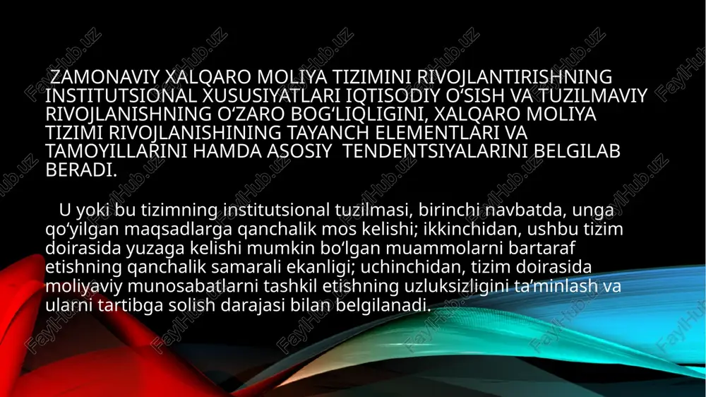 alarga rioya etish holatini, shuningdek ularning milliy standartlar bilan yaqinlashuv darajasini va eng muvaffaqiyatli institutsional namunalardan foydalanish imkoniyatlarini baholashning dolzarbligi ortmoqda hushbu baholashning maqsadi quyidagilardan iborat: moliyaviy tartibga solish sohasidagi zaif tomonlarni aniqlash; moliyaviy sektorni baholash natijalarini tizimlashtirish; mamlakat moliyaviy rivojlanishini xalqaro standartlar asosida baholashda davlat moliyaviy tuzilmalariga yordam ko‘rsatish. olashda davlat moliyaviy tuzilmalariga yordam ko‘rsatish. xalqaro moliya tizimi jahon pul mablag‘lari harakati bilan bevosita bog‘liqlikka ega bo‘lgan o‘zaro munosabatlar majmuini o‘z ichiga oladi hamda xalqaro biznes (tashqi savdo faoliyati, kredit berish, turizm, ilmiy-texnik hamkorlik va boshq.) va davlatlararo moliyaviy munosabatlarni amalga oshirish uchun xizmat qiladi. xalqaro moliya tizimi barqarorligini ta’minlash va uning samarali rivojlanishiga erishishning asoslari ishlab chiqarish va biznesni rivojlantirish, muvozanatli davlatlararo valyuta bozorini shakllantirish, mehnat resurslarining xalqaro taqsimotini va yagona global xo‘jalik tizimini tashkil etish orqali yaratiladi. zamonaviy xalqaro moliya tizimi - bu global valyuta munosabatlarining samarali tashkil etilgan shakli bo‘lib, u turli davlatlar o‘rtasida tuzilgan shartnomalar …