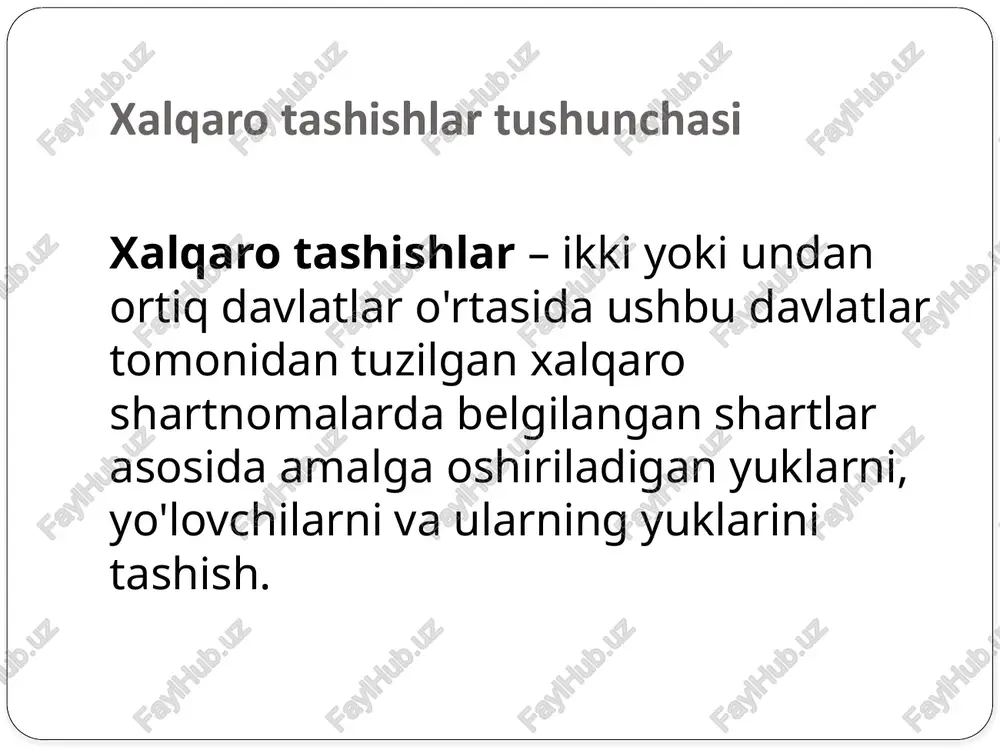 tashishda bojxona rasmiylashtirish tartibini va bojxona tekshiruvi tartibini belgilaydi. konventsiya transport vositalariga qat'iy talablarni belgilaydi - ularning texnik holati, atrof-muhit standartlari va boshqalar. konventsiyaning asosiy atributi tir-karnet (yagona bojxona hujjati) bo'lib, egasi bojxona rasmiylashtiruvining ustuvor huquqidan foydalanadi. ishtirok etuvchi davlatlarda yuklarni xalqaro transportda tashishda tir protsedurasidan foydalanadigan shaxslarni himoya qilish uchun kafolatli assotsiatsiyaning maxsus muassasalari mavjud. xalqaro havo tashishlari yuklarni xalqaro havo orqali tashish - jo'nash va boradigan joy ikki davlat hududida yoki bir davlat hududida joylashgan, ammo boshqa davlat hududida to'xtash joylari bo'lgan tashish. dengiz tashishlari turlari trampli yuk tashish chiziqli yuk tashish konosament konosament - bu tashuvchi yoki haqiqiy tashuvchi tomonidan jo'natilgan yuk egasiga uning tashish uchun qabul qilinganligi va yukni qabul qiluvchi portga topshirish majburiyatini tasdiqlovchi hujjat. charter charter - bu fraxtchi bu fraxtlovchi tomonidan tuzilgan fraxt shartnomasining mavjudligini va mazmunini tasdiqlovchi hujjat bo'lib, katta yuklarni, ayniqsa, ommaviy yuklarni tashish uchun mo'ljallangan. charter asosida tashishda butun kema, …