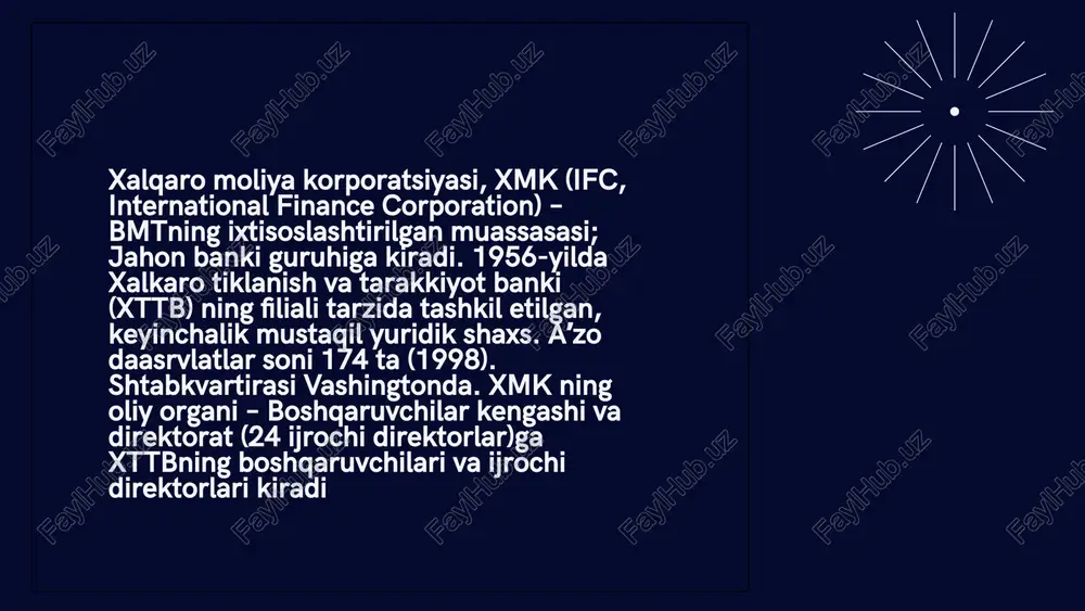 h; –kadrlar malakasining oshishi; –resurslardan samarali foydalanish tizimining vujudga kelishi; valyuta kursi: valyuta kurslari xalqaro korporatsiyalarning foydasiga va risklariga ta'sir ko'rsatadi, shuning uchun ularni boshqarish zarurati bor. soliq siyosati: soliq siyosatlari va ularning xalqaro korporatsiyalarga ta'siri juda katta , o`zaro soliq kelishuvlari va strategiyalariga ko`proq etibor qaratishimiz zarur transmilliylashuv indeksi quyidagi formulaga asosan hisoblanadi: i t = 1/3 (a i /a + r i /r + s i /s) x 100 % , i t — transmilliylashuv indeksi, %; a i — xorijiy aktivlar; a — umumiy aktivlar; r i — xorijiy filiallarda mahsulot va xizmatlar sotish hajmi; r — mahsulot va xizmatlar sotishning umumiy hajmi; s i — xorijdagi shtatlar (ish o’rinlari); s — kompaniya ishchilarining umumiy shtati. birinchi transmilliy kompaniyaga 1600-ylda gollandiyaning ost-indiya kompaniyasi asosida britaniyaning ost-indiya kompaniyasiga asos solingan mas., „ford“ avtomobil konsernining 30 ta mamlakatda filiallari bor. yirik ingliz kompaniyalari („british petroleum“, „iki“ va boshqalar), germaniya …