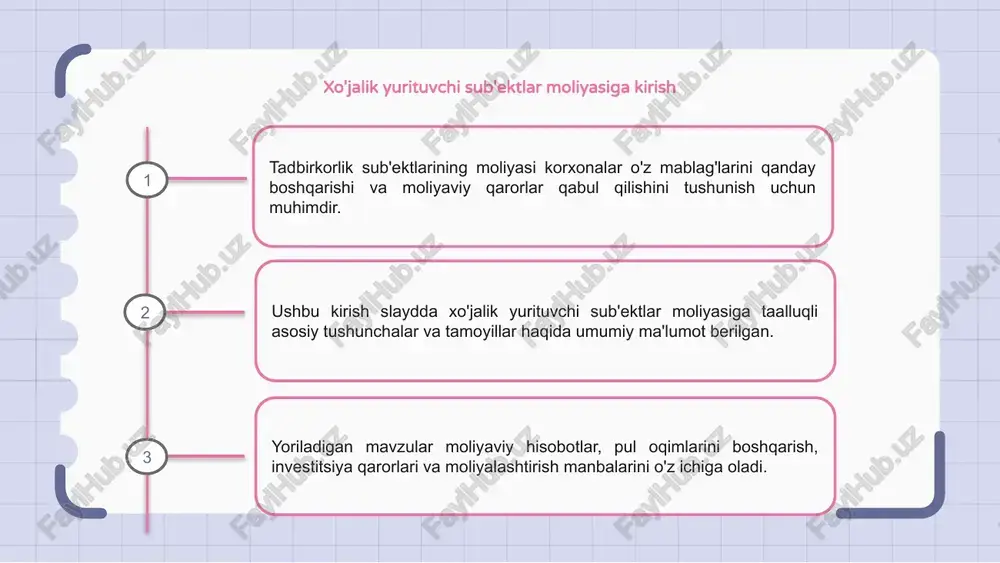 oliqni rejalashtirish, soliq imtiyozlari va turli turdagi tadbirkorlik sub'ektlari uchun soliq to'lash talablari kabi mavzular o'rganiladi. strategik moliyaviy rejalashtirish strategik moliyaviy rejalashtirish tadbirkorlik sub'ektlarining muvaffaqiyati va rivojlanishi uchun juda muhimdir. u joriy moliyaviy holatni baholash, moliyaviy maqsadlarni belgilash va ularga erishish uchun strategiyalarni yaratishni o'z ichiga oladi. bozor tendentsiyalari va raqobatchilarni tahlil qilish orqali tadbirkorlik sub'ektlari o'zlarining uzoq muddatli maqsadlariga mos keladigan samarali moliyaviy rejalarni ishlab chiqishlari mumkin. bu potentsial xavf va imkoniyatlarni aniqlashga yordam beradi. bundan tashqari, strategik moliyaviy rejalashtirish byudjetlashtirish, prognozlash va investitsiyalar, moliyalashtirish va xarajatlarni boshqarish bo'yicha qarorlar qabul qilishni o'z ichiga oladi. bu resurslardan optimal foydalanishni ta'minlaydi va umumiy moliyaviy ko'rsatkichlarni yaxshilaydi. e'tiboringiz uchun rahmat