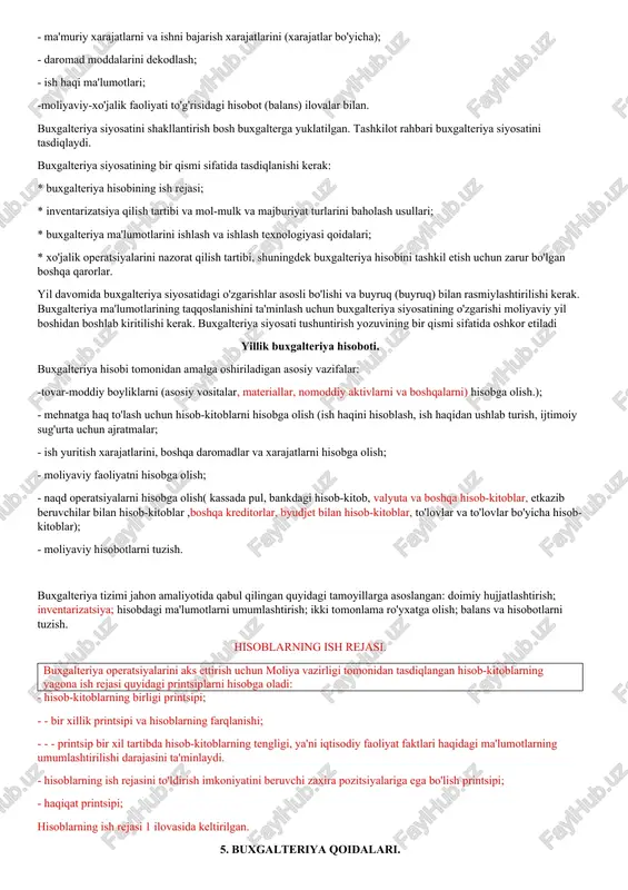 g boshqa foydalanuvchilari uchun zarur bo'lgan mulkiy ahvol to'g'risida to'liq va ishonchli axborotni shakllantirish; - tasdiqlangan normalar, normativlar va smetalarga muvofiq xo'jalik operatsiyalarini amalga oshirishda qonun hujjatlariga rioya etilishi va ularning maqsadga muvofiqligi, mol-mulk va majburiyatlarning mavjudligi va harakati, moddiy, mehnat va moliyaviy resurslardan foydalanishni nazorat qilish maqsadida foydalanuvchilarni axborot bilan ta'minlash; - iqtisodiy faoliyatning salbiy natijalarini oldini olish va uning moliyaviy barqarorligini ta'minlash uchun xo'jalik ichidagi zaxiralarni aniqlash; - samarali boshqarish uchun buxgalteriya ma'lumotlarini umumlashtirish; - ishonchli moliyaviy va boshqa hisobotlarni tuzish. 4. buxgalteriya hisobi tashkiloti "buxgalteriya hisobi to'g'risida" gi qonunning 11-moddasiga muvofiq bosh tuzilma va bo'linmalarda buxgalteriya hisobi va hisobotini tashkil etish uchun javobgarlik rahbar tomonidan amalga oshiriladi. tasdiqlangan normativ hujjatlarga asoslanib, bosh buxgalter buxgalteriya hisobi bo'yicha mavjud metodologik tamoyillarga rioya qilish uchun javobgardir. bosh buxgalter amalga oshirilayotgan barcha xo'jalik operatsiyalarining buxgalteriya hisoblarida nazorat va aks ettirishni ta'minlaydi va amalga oshirilgan iqtisodiy operatsiyaga oqlanish hujjatlarining mavjudligi va bajarilishi …