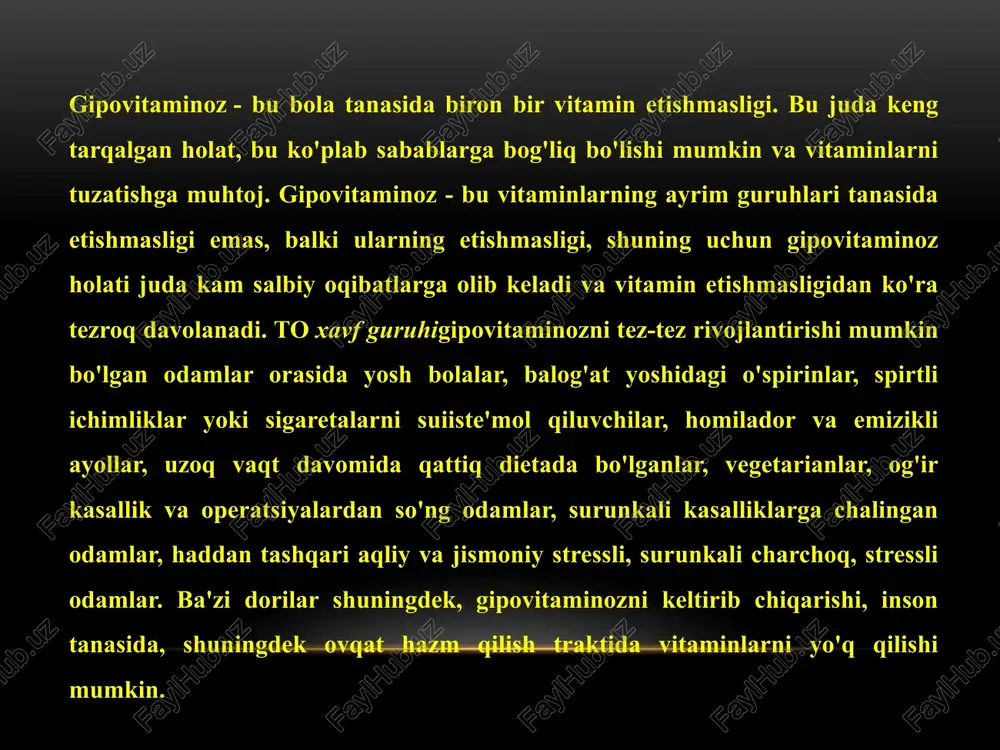 olib keladi. = py * cn.0h fone k weet o-p-0- ‘ch-chy ooo ° manbalar: net y oe b loviya yog’i, co aa pishlogq, ustritsa, manoocnts jongh gis | achitqilar, reape —ch,conhz a tuxum pancoch,ch. wit 8 a m a aysta ns econh, i] alien) cts ch.ch,conh; r 5) ish gobiliyatining pasayishi, charchoqlik, asabiylashuv, infeksiyalarga qarshiligining pasayishi singa, raxit, shapko'rlik, pellagra, beri-beri /docprops/thumbnail.jpeg bolalarda vitamin yetishmasligining oqibatlari