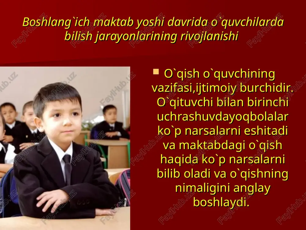 g birgalika faoliyati va tarbiyaning maxsuli bo`lib hisoblanadi. ixtiyoriy diqqatning yanada yaxshiroq o`sishi maktab yoshidagi bolalarda idrok va tafakkurning tarbiyalanishga bog`liqdir». kichik yoshdagi o`quvchilarning ihtiyoriy diqqati to`g`risidagi masala bilin k.d.ushinskiy ko`p shuqullangan. u ba`zi pedagoglarning, kichik yoshdagi o`quvchilarda ihtiyorsiz diqqatning afzalligiga tayangan holda maktabdagi barcha o`qish jarayonining faqat qiziqarli va maroqli qilib tashkil etish kerak degan fikrlarga qo`shilmagan. o`quvchilarning darsdagi diqqatini 1-sinf o`quvchilarining o`zlari emas, balki o`qituvchining o`zi tashkil qiladi va yo`lga soladi. masalan, darsda kichik yoshdagi o`quvchi o`z diqqatini tarqoqligini enganligini uchun emas, balki o`zi itoat etishga majbur bo`lgan, o`qituvchining ta`siri otsida quloqsolib o`tiradi. muayyan maqsadga qaratilgan barqaror diqqat bolalarda ham uncha rivojlanmagan tarmoqlanish jarayoni bilin bag`langandir. ma`lumki, idrok ham bilim manbaidir. idrok murakkab aqliy jarayondir. idrokda retseptiv, pertseptiv va appertseptiv tamonlarni ajratish mumkin. kichik yoshdagi o`quvchilarda idrokning o`sishi yuqorida ko`rsatilgan retseptiv, pertseptiv va appertseptivdan iborat barcha tamonlarini qayta to`zilishi va o`sishi demakdir. o`quvchilar predmetlarni, ularning tasvirini va nutqini …