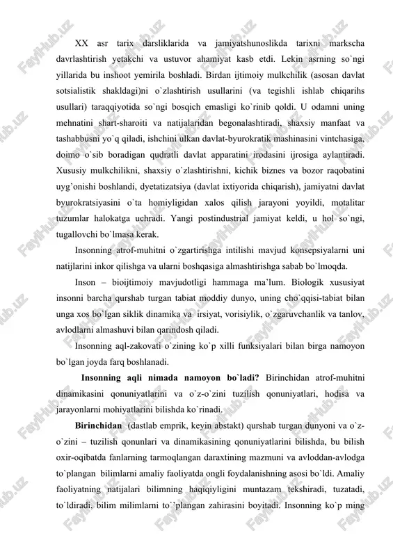 yatlari, hodisa va jarayonlarni mohiyatlarini bilishda ko`rinadi. birinchidan (dastlab emprik, keyin abstakt) qurshab turgan dunyoni va o`z-o`zini – tuzilish qonunlari va dinamikasining qonuniyatlarini bilishda, bu bilish oxir-oqibatda fanlarning tarmoqlangan daraxtining mazmuni va avloddan-avlodga to`plangan bilimlarni amaliy faoliyatda ongli foydalanishning asosi bo`ldi. amaliy faoliyatning natijalari bilimning haqiqiyligini muntazam tekshiradi, tuzatadi, to`ldiradi, bilim milimlarni to`’plangan zahirasini boyitadi. insonning ko`p ming yillik tarixi davomida yaratilgan butun sun’iy tabiat-bu faqatgina insoniyatning bilimi, aql va tafakkurning mahsuli xolos. sun’iy tabiatga insoniyat mehnati bilan o`zgartirilgan tabiiy buyumlar, texnologik usullar, qurulgan ishlab chiqarish inshootlari, san’at asarlarigina emas, balki mahsulot va pul, birja va banklar, mulkchilik shakllari va bozor muassasalari, ijtimoiy va siyosiy tashkilotlar, davlat tashkilotlari va siyosiy tuzilmalar kiradi. inson bilimining birlamchiligini k.marks ham tan olgan edi: tabiat mashinalarini ham, lokamotivlarni, temir yo`llarni ham, elektr telegrafni ham, selfaktorlarni va h. k. qurmaydi. bularning barchasi-inson mehnati mahsuli, inson irodasi bilan organlarga aylangan tabiat buyumi, tabiat ustidan hukmronlik qiladigan …