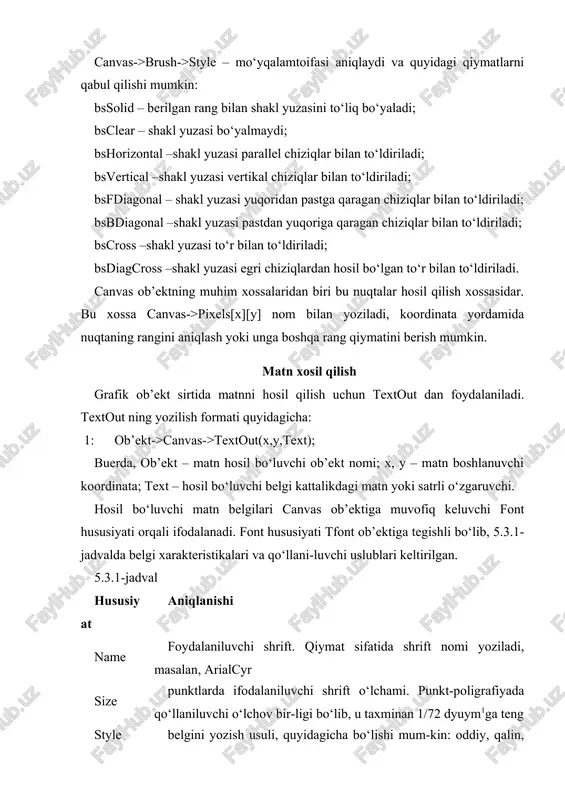 lish geometrik shakllar chizish uchun quyida keltirilgan funksiyalardan foydalanish mumkin: moveto – chizishning boshlang‘ich nuqtasi; lineto – to‘g‘ri chiziq chizish; ellipse – aylana va ellips chizish; rectangle – to‘g‘ri to‘rtburchak chizish; roundrect – burchaklari yumaloq (silliq) bo‘lgan to‘rtburchak; arc – aylana yoki ellips yoyini chizish; polygon – ko‘pburchak chizish; pie – aylana yoki ellipsning sektorini chizish. yuqorida keltirilgan buyruq haqida to‘la ma’lumotni olamiz. moveto(int x, int y) – chizishning boshlang‘ich nuqtasini belgilash. bu yerda (x,y) – nuqtaning koordinatasi. lineto(int x, int y) – to‘g‘ri chiziq chizish. bu yerda (x,y) – nuqtaning koordinatasi. misol: boshlang‘ich koordinatasi (50,50) nuqtada, oxirgi nuqtasi koordinatasi (100,150) nuqtada bo‘lgan qizil rangdagi to‘g‘ri chiziq chizish. formaning onpaint xodisasiga quyidagi keltirilgan kodni yozamiz. natija 5.4.1 – rasmda keltirilgan. 6: void __fastcall tform1::formpaint(tobject *sender) 7: { 8: canvas->pen->color = clred; 9: canvas->moveto(50,50); 10: canvas->lineto(100,150); 11: } 5.4.1 – rasm: to‘g‘ri chiziq chizish. 5.4.2 – rasm: to‘g‘ri to‘rtburchak rectangle(int x1, …