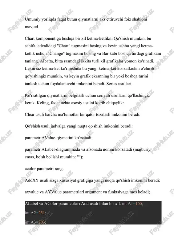 ish orqali kiritilishi mumkin. series4-da ma'lumotlarni yuklab olish va ushbu grafikani birinchi daqiqada ko'rinmas qilish uchun siz ilgari berilgan protseduraning oxirida operatorlarni kiritishingiz mumkin: series4->assign(series1); series4->active = false; ushbu operatorlarning birinchisi series1-da joylashtirilgan ma'lumotlarni series4 seriyasida qayta yozadi. va ikkinchi operator ko'rinmas series4 seriyasini yaratadi. diagramma turini o'zgartirish jarayoni amalga oshiriladi: series1->active =! series1->active; series4->active =! series4->active; borland c++ builder tilida ifodalar borland c++ builder tilida o'zgaruvchi qiymatini birga oshirish va kamaytirishning samarali usullari mavjud. ular inkrement (++) va dekrement (--) unar amallaridir. inkrement va dekrement amallarining prefiks va postfiks ko'rinishlari mavjud. x = y++; // postfiks x = --y; // prefiks sanagich++; // unar amal, "++sanagich;" bilan ekvivalent a--; // unar amal, "--a;" bilan ekvivalent quyida keltirilgan amallar bir xil vazifani bajaradi: i++; i = i + 1; i--; i = i - 1; a += b; a = a + b; a -= b; a = a - …