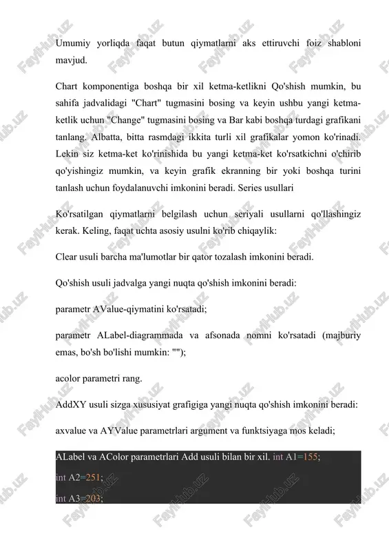 asalan, chart komponentiga bosish orqali kiritilishi mumkin. series4-da ma'lumotlarni yuklab olish va ushbu grafikani birinchi daqiqada ko'rinmas qilish uchun siz ilgari berilgan protseduraning oxirida operatorlarni kiritishingiz mumkin: series4->assign(series1); series4->active = false; ushbu operatorlarning birinchisi series1-da joylashtirilgan ma'lumotlarni series4 seriyasida qayta yozadi. va ikkinchi operator ko'rinmas series4 seriyasini yaratadi. diagramma turini o'zgartirish jarayoni amalga oshiriladi: series1->active =! series1->active; series4->active =! series4->active; borland c++ builder tilida ifodalar borland c++ builder tilida o'zgaruvchi qiymatini birga oshirish va kamaytirishning samarali usullari mavjud. ular inkrement (++) va dekrement (--) unar amallaridir. inkrement va dekrement amallarining prefiks va postfiks ko'rinishlari mavjud. x = y++; // postfiks x = --y; // prefiks sanagich++; // unar amal, "++sanagich;" bilan ekvivalent a--; // unar amal, "--a;" bilan ekvivalent quyida keltirilgan amallar bir xil vazifani bajaradi: i++; i = i + 1; i--; i = i - 1; a += b; a = a + b; a -= b; a …