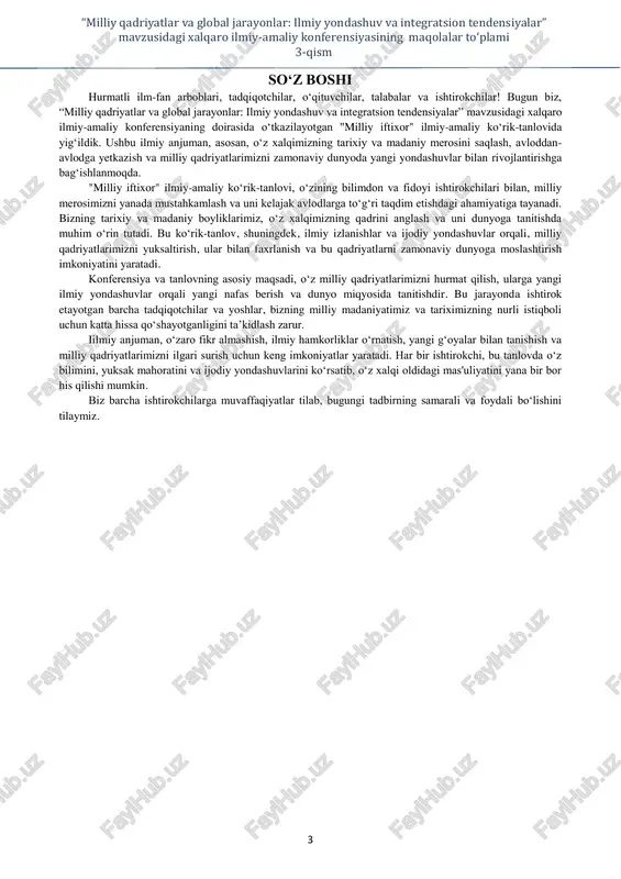 oy qizi zamonaviy pedagogikaning asosiy tamoyillari va jadidlar qarashlari: tarixiy tajribaning dolzarbligi 54 rustam astanov ommaviy tadbirlar jarayonida sodir etiladigan huquqbuzarliklarning kriminologik tavsifiga oid fikr va mulohazalar 57 raximov sherzod sharibbayevich musiqa darslarida kreativlik va ijodkorlikni rivojlantirish 62 sarkarova yakutxan oybekovna intereaktivniy i inovatsionnie metodi obucheniya v nachalnix i v starshix klassax shkolnogo obrazovaniya 67 “milliy qadriyatlar va global jarayonlar: ilmiy yondashuv va integratsion tendensiyalar” mavzusidagi xalqaro ilmiy-amaliy konferensiyasining maqolalar to‘plami 3-qism 5 shodiyeva hilola zaripovna ilmiy faoliyatda ayollar: imkoniyatlar va to'siqlar 71 o‗taganova zuhra qarqara qizi qon tomir protezlarining biokompatibil materiallar bilan almashtirilishining natijalari (eksperimental va klinik tahlil) 75 o‗taganova zuhra qarqara qizi yurak qon-tomir kasalliklari: turlari, belgilari va davolash usullari 79 solijonov ziѐviddin yusufjon o'g'li biofilmlar va antibakterial rezistentlik: terapevtik stomatologiyada yangi davolash strategiyalari 84 abdullayeva shaxnozaxon ganijonovna ko'zi ojiz va zaif ko'ruvchi maktab internatlari o'quvchilarida eksperimental ko'nikma va malakalarni shakllantirish metodikasini takomillashtirish 88 teshaboeva zulfiyaxon muminovna formirovanie …